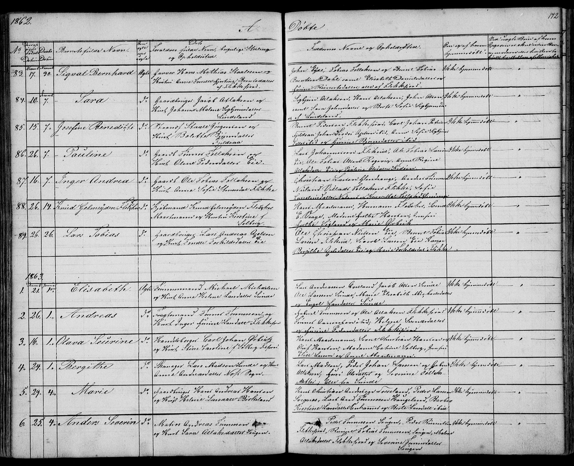Flekkefjord sokneprestkontor, SAK/1111-0012/F/Fb/Fbc/L0005: Parish register (copy) no. B 5, 1846-1866, p. 172