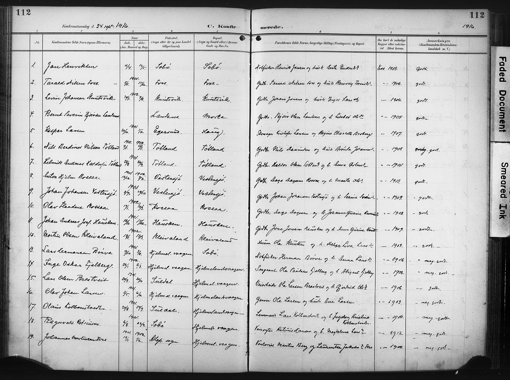 Hjelmeland sokneprestkontor, AV/SAST-A-101843/02/A/L0002: Parish register (official) no. A 17, 1901-1916, p. 112