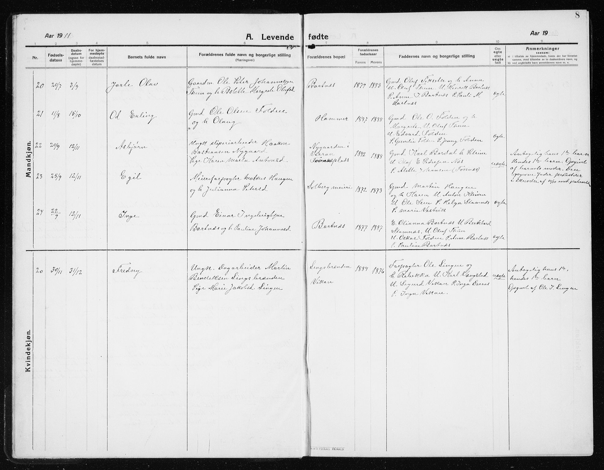 Ministerialprotokoller, klokkerbøker og fødselsregistre - Nord-Trøndelag, AV/SAT-A-1458/741/L0402: Parish register (copy) no. 741C03, 1911-1926, p. 8