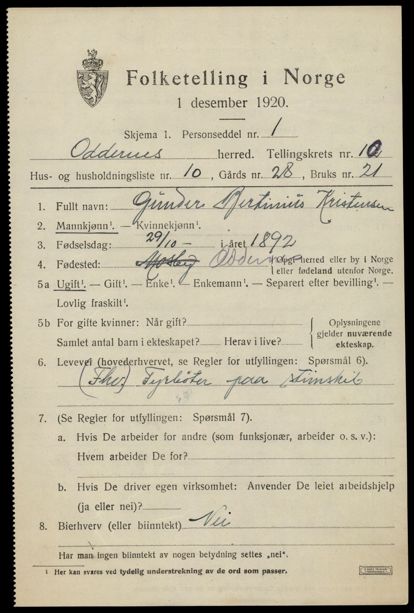 SAK, 1920 census for Oddernes, 1920, p. 6461