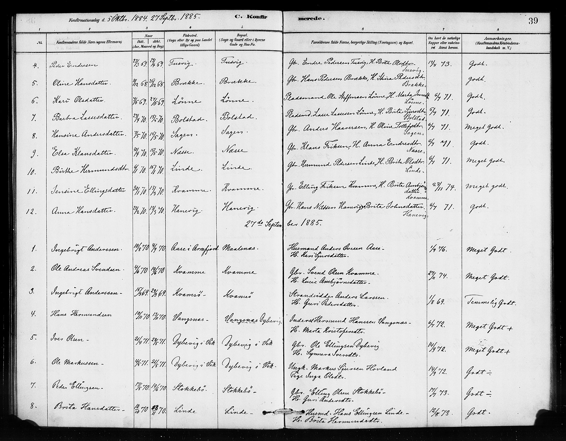 Vik sokneprestembete, AV/SAB-A-81501/H/Haa/Haad/L0001: Parish register (official) no. D 1, 1878-1890, p. 39