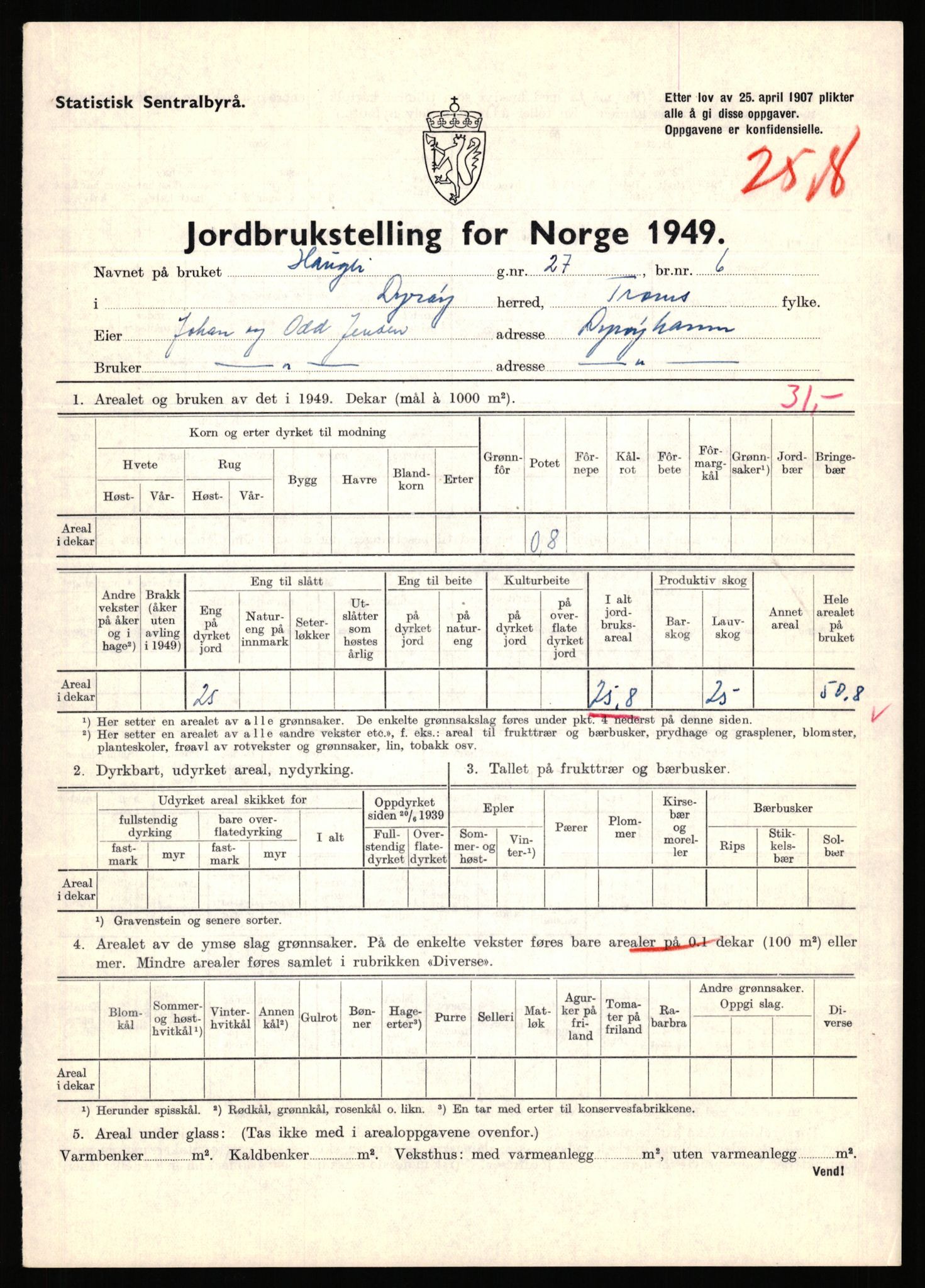 Statistisk sentralbyrå, Næringsøkonomiske emner, Jordbruk, skogbruk, jakt, fiske og fangst, AV/RA-S-2234/G/Gc/L0440: Troms: Sørreisa og Dyrøy, 1949, p. 1254