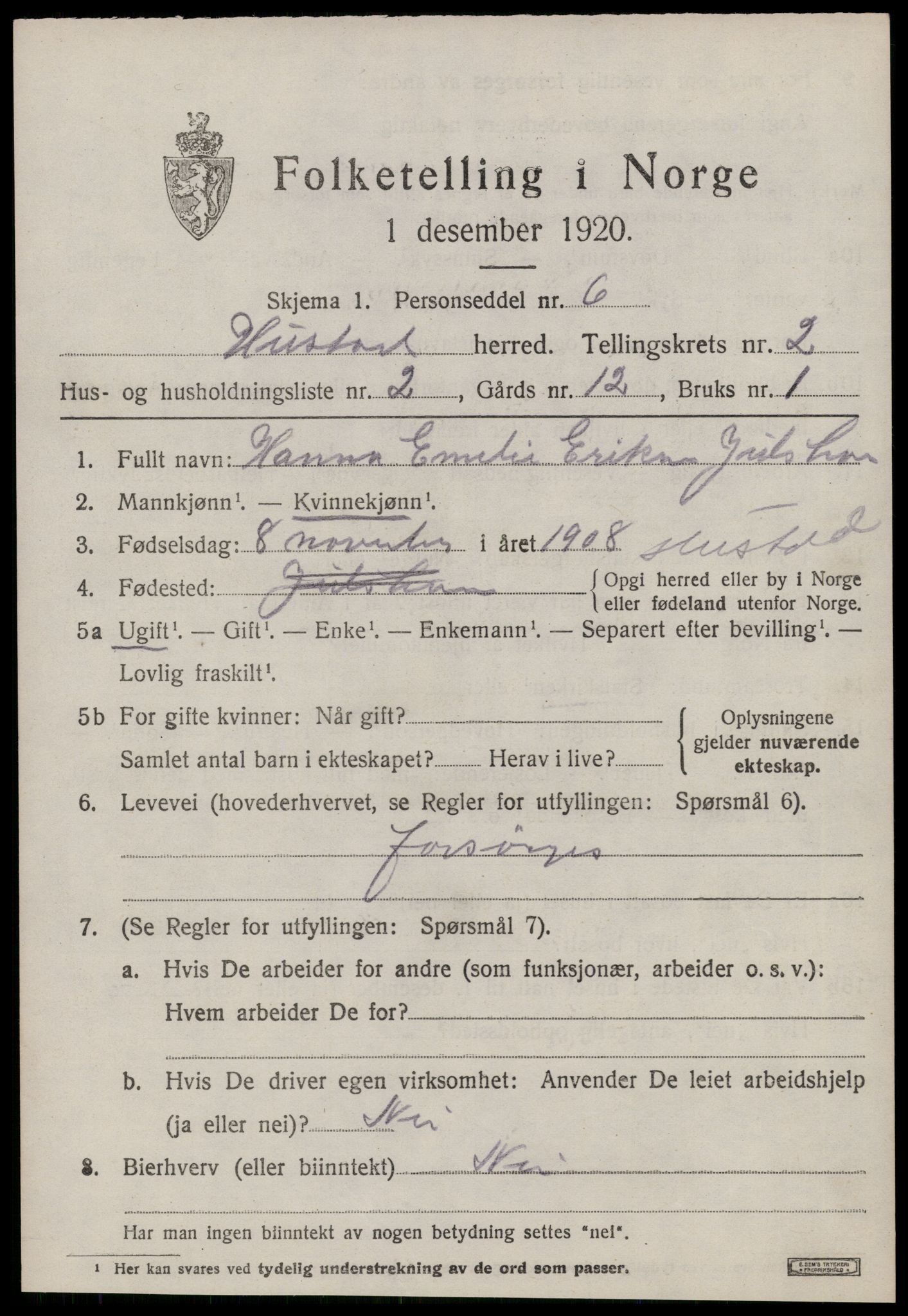 SAT, 1920 census for Hustad, 1920, p. 1545