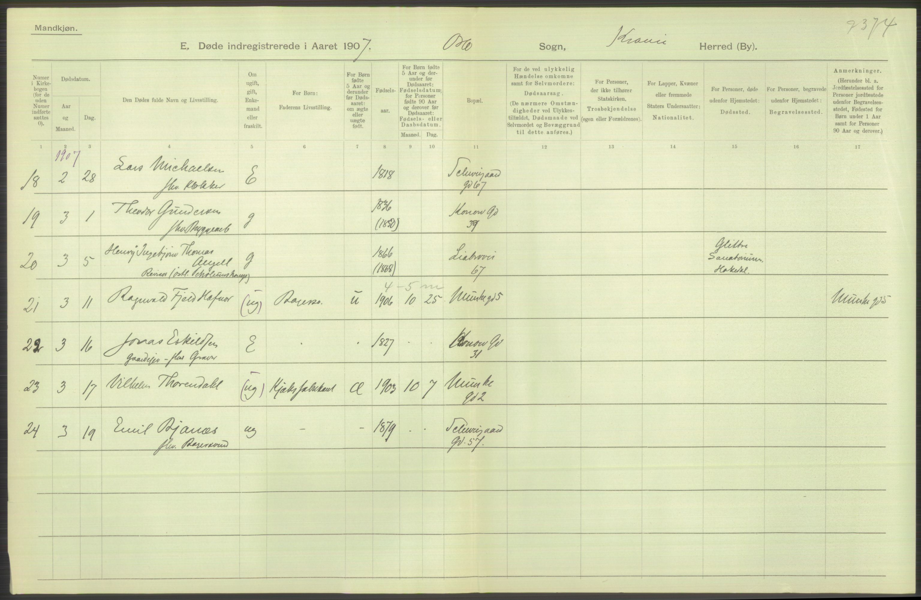 Statistisk sentralbyrå, Sosiodemografiske emner, Befolkning, RA/S-2228/D/Df/Dfa/Dfae/L0009: Kristiania: Døde, 1907, p. 82