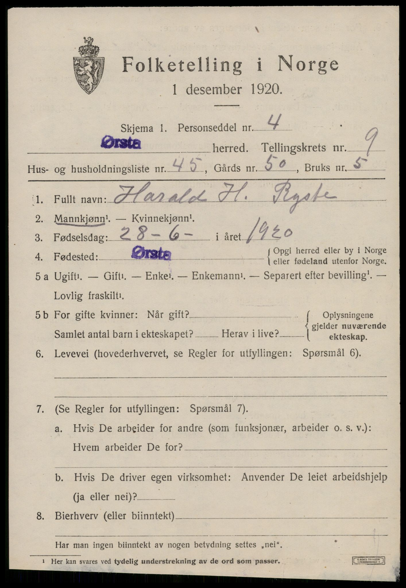 SAT, 1920 census for Ørsta, 1920, p. 6852