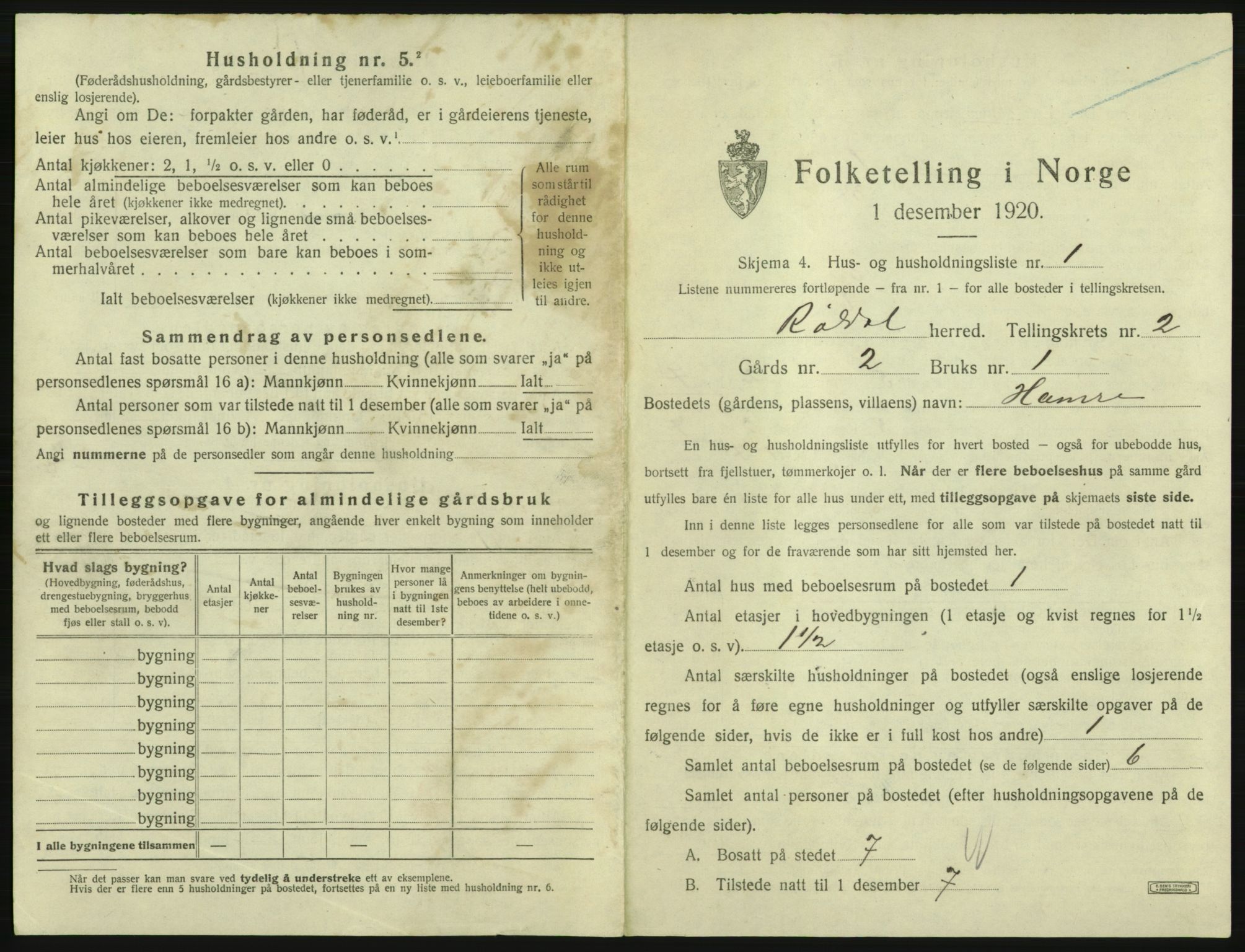 SAB, 1920 census for Røldal, 1920, p. 96