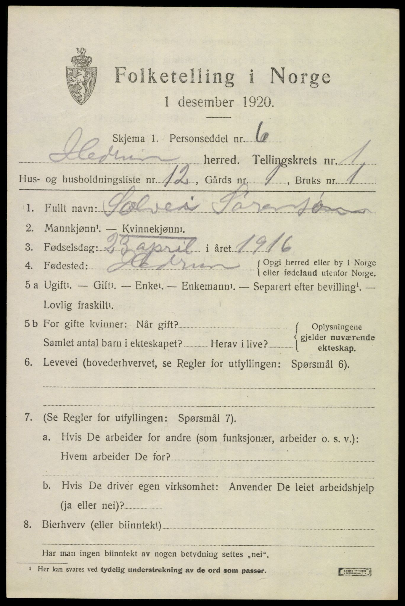 SAKO, 1920 census for Hedrum, 1920, p. 2043