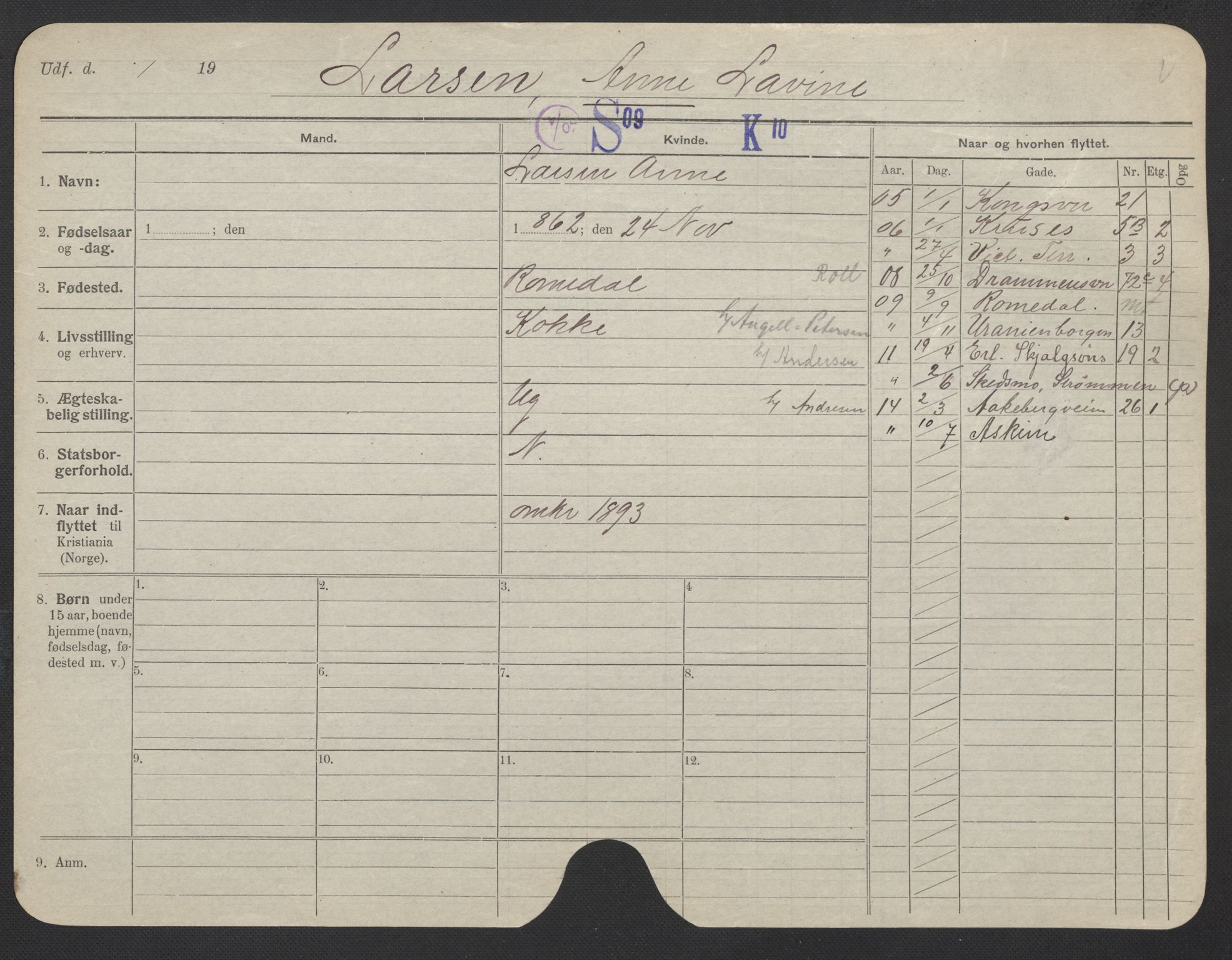 Oslo folkeregister, Registerkort, AV/SAO-A-11715/F/Fa/Fac/L0019: Kvinner, 1906-1914, p. 824a