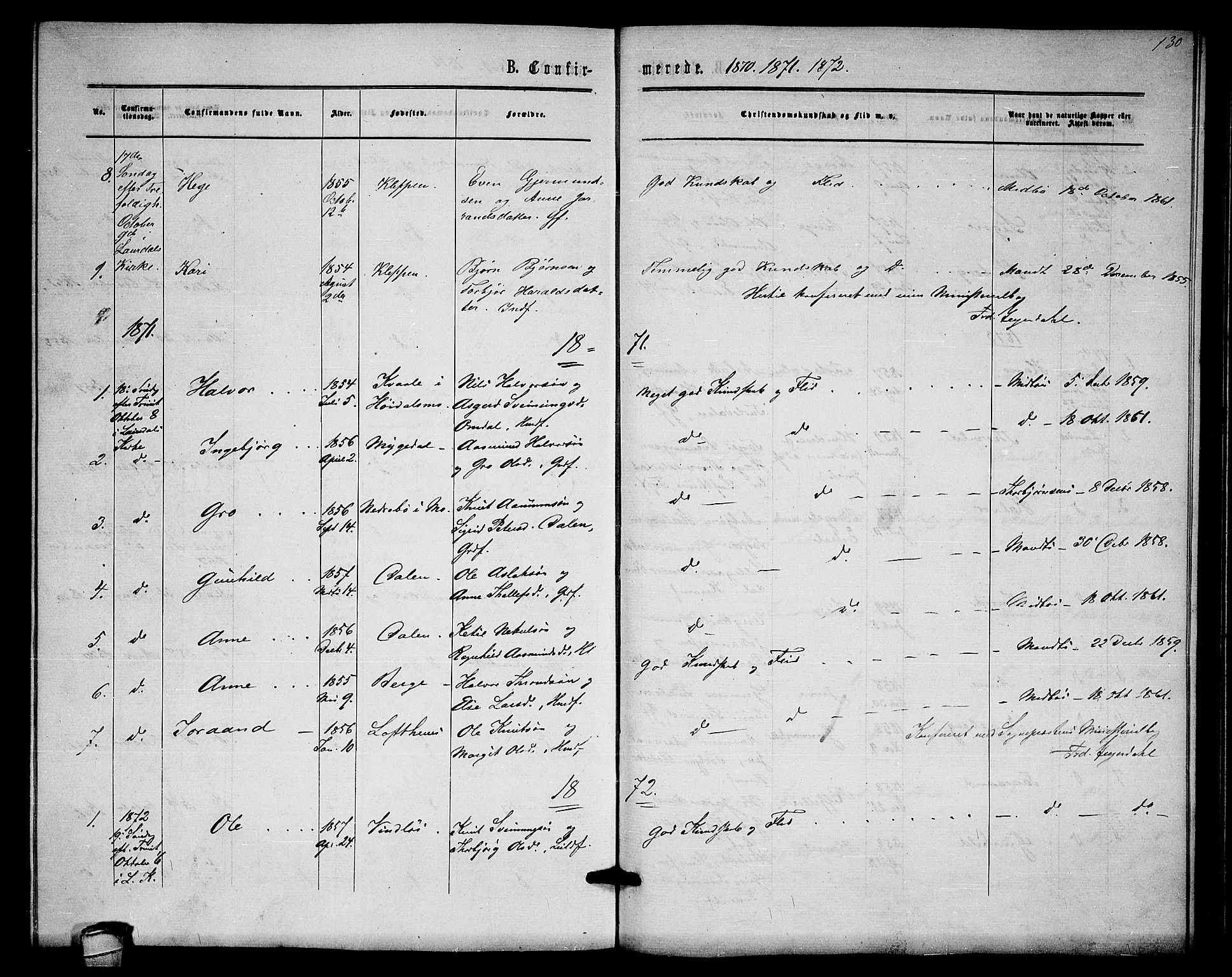 Lårdal kirkebøker, SAKO/A-284/G/Gb/L0002: Parish register (copy) no. II 2, 1865-1888, p. 130