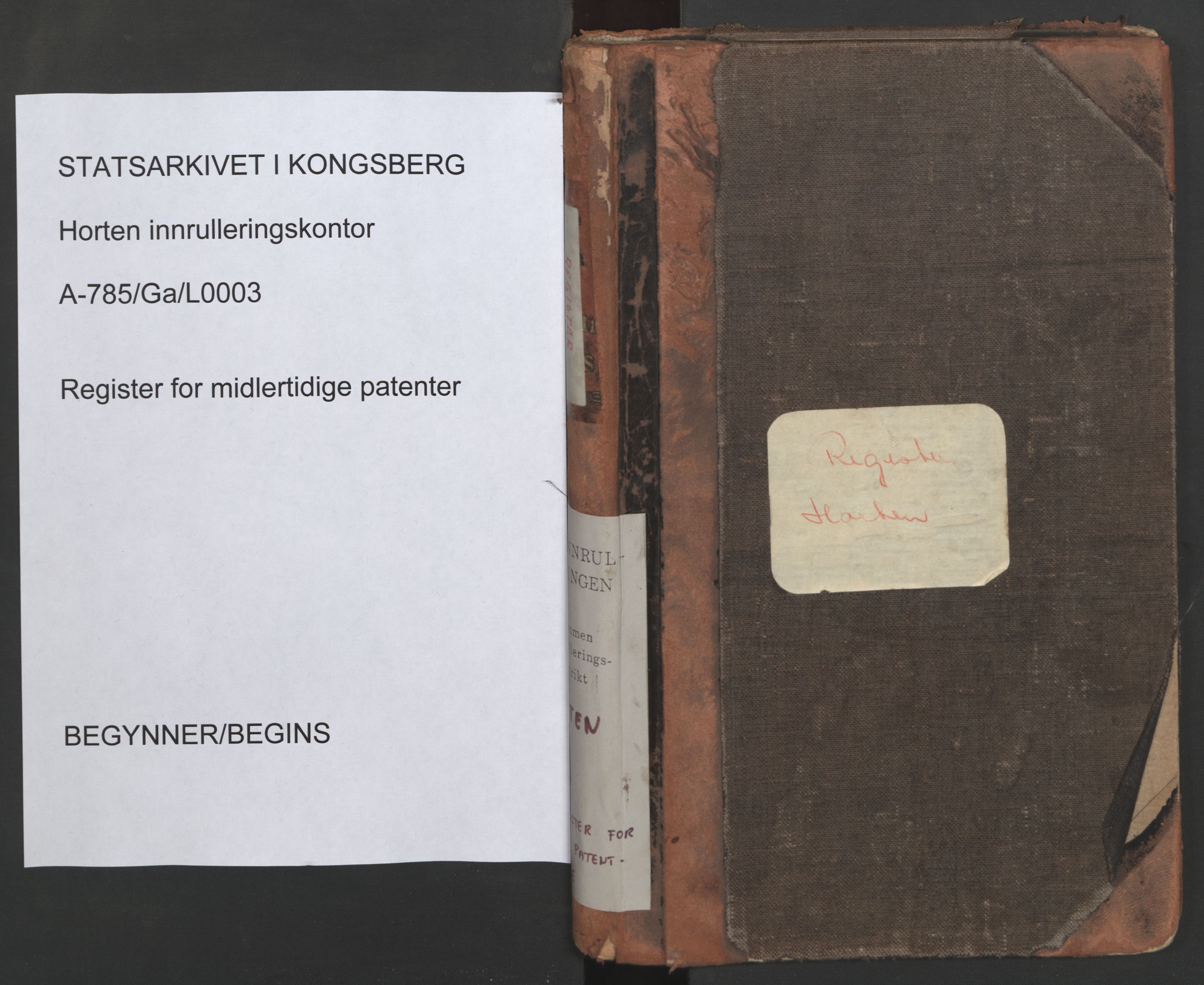 Horten innrulleringskontor, AV/SAKO-A-785/G/Ga/L0003: Register for midlertidige patenter, 1860-1948, p. 1