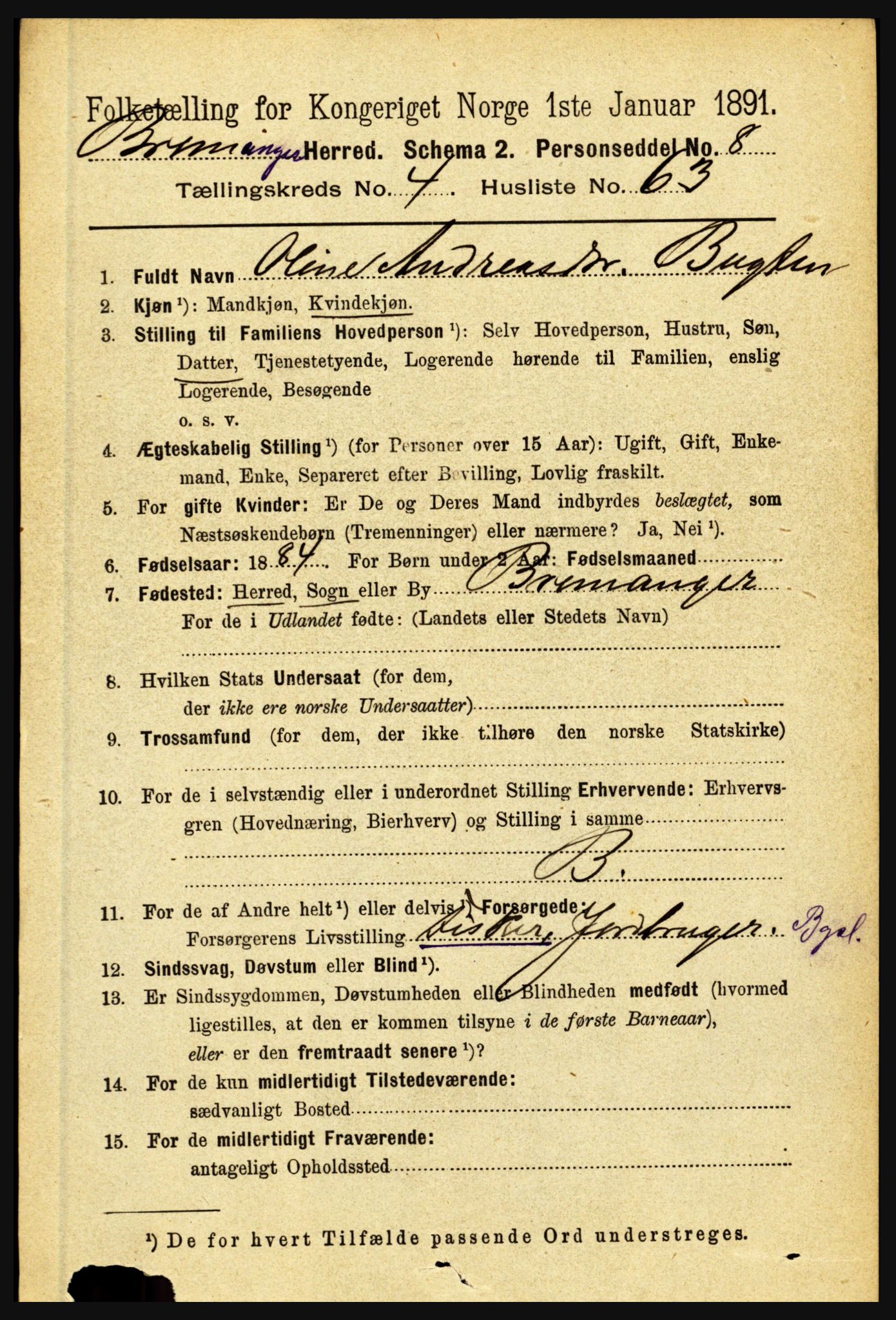 RA, 1891 census for 1438 Bremanger, 1891, p. 1905