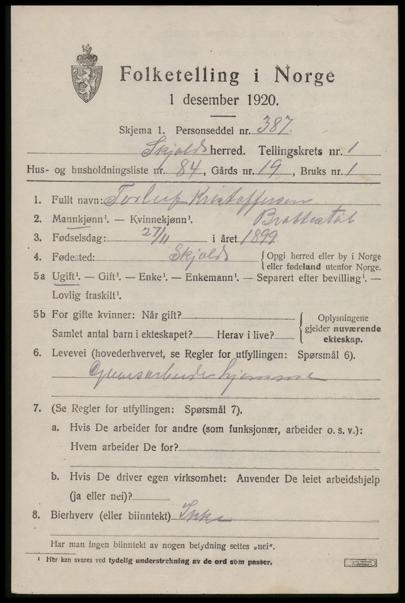 SAST, 1920 census for Skjold, 1920, p. 1686