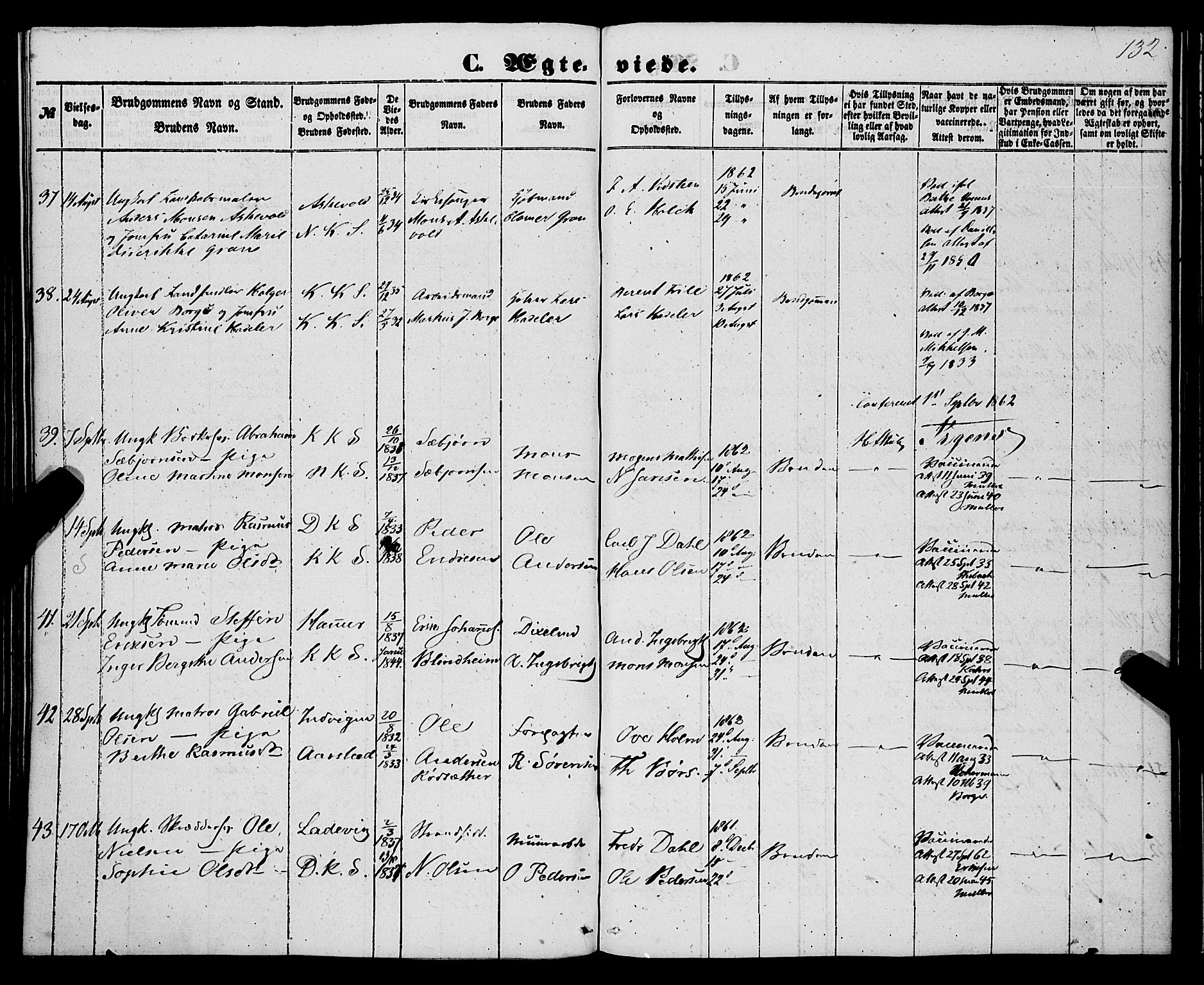 Korskirken sokneprestembete, AV/SAB-A-76101/H/Haa/L0035: Parish register (official) no. D 2, 1852-1867, p. 132