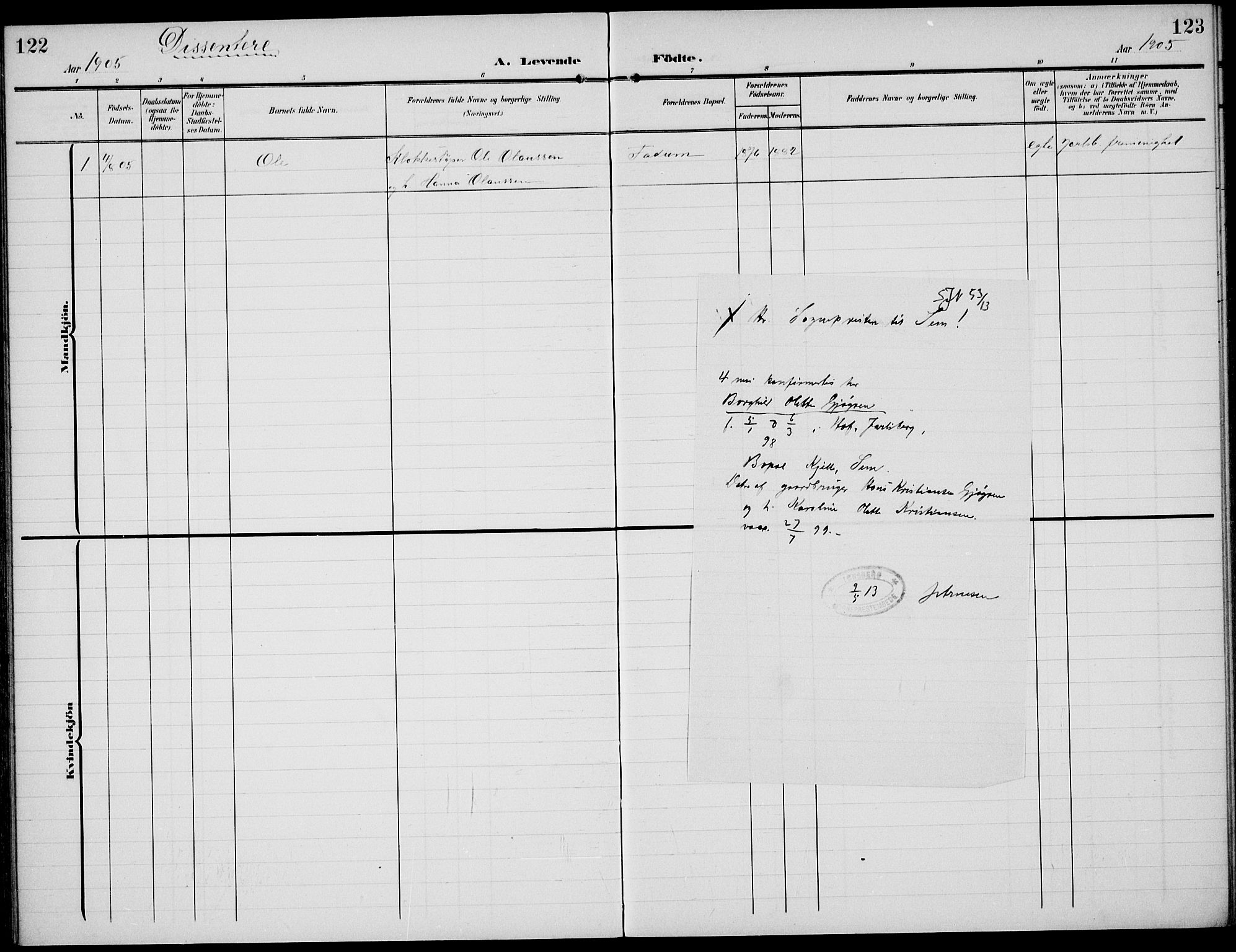 Sem kirkebøker, SAKO/A-5/F/Fa/L0012: Parish register (official) no. I 12, 1905-1915, p. 122-123