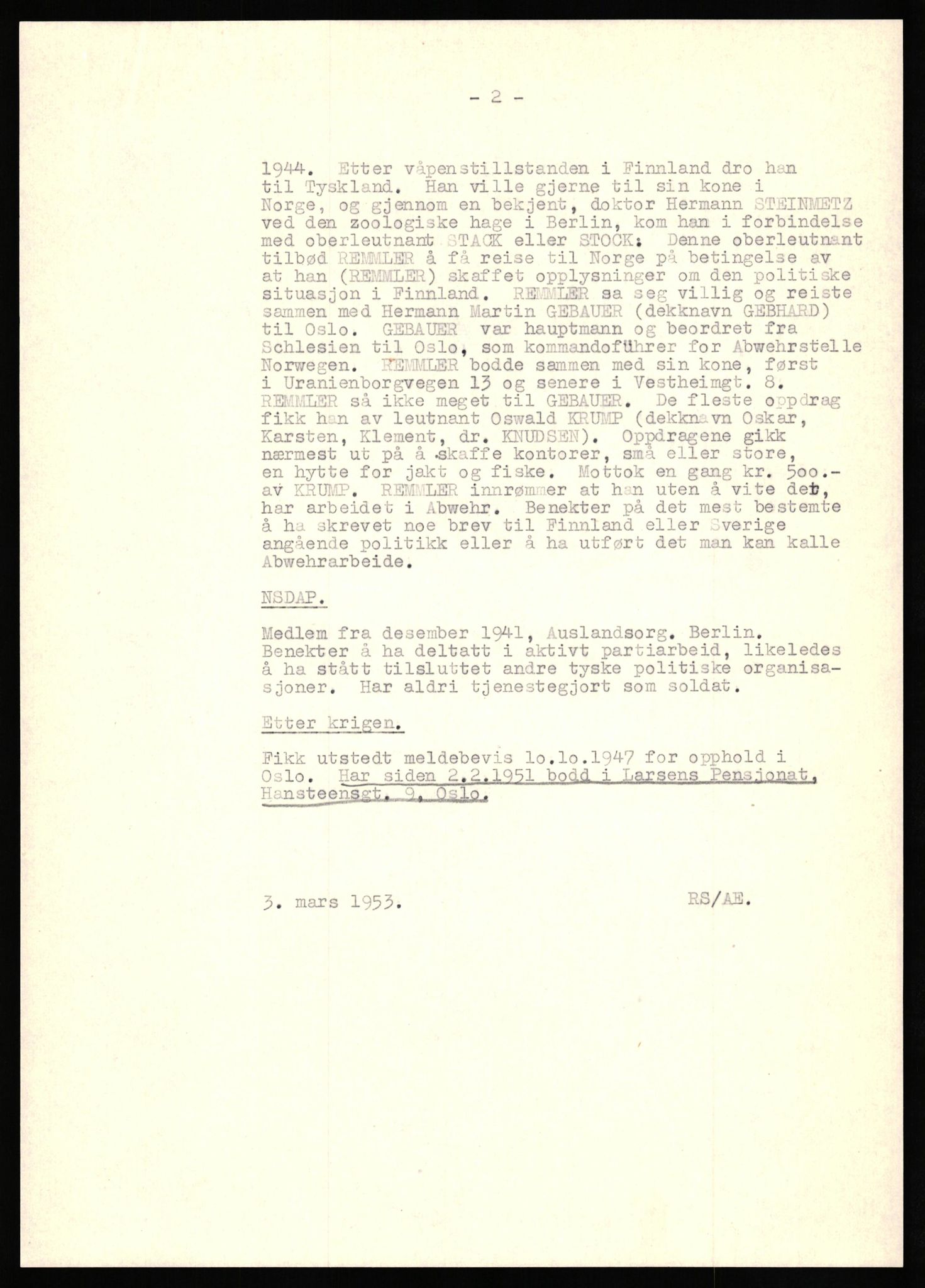 Forsvaret, Forsvarets overkommando II, AV/RA-RAFA-3915/D/Db/L0027: CI Questionaires. Tyske okkupasjonsstyrker i Norge. Tyskere., 1945-1946, p. 232