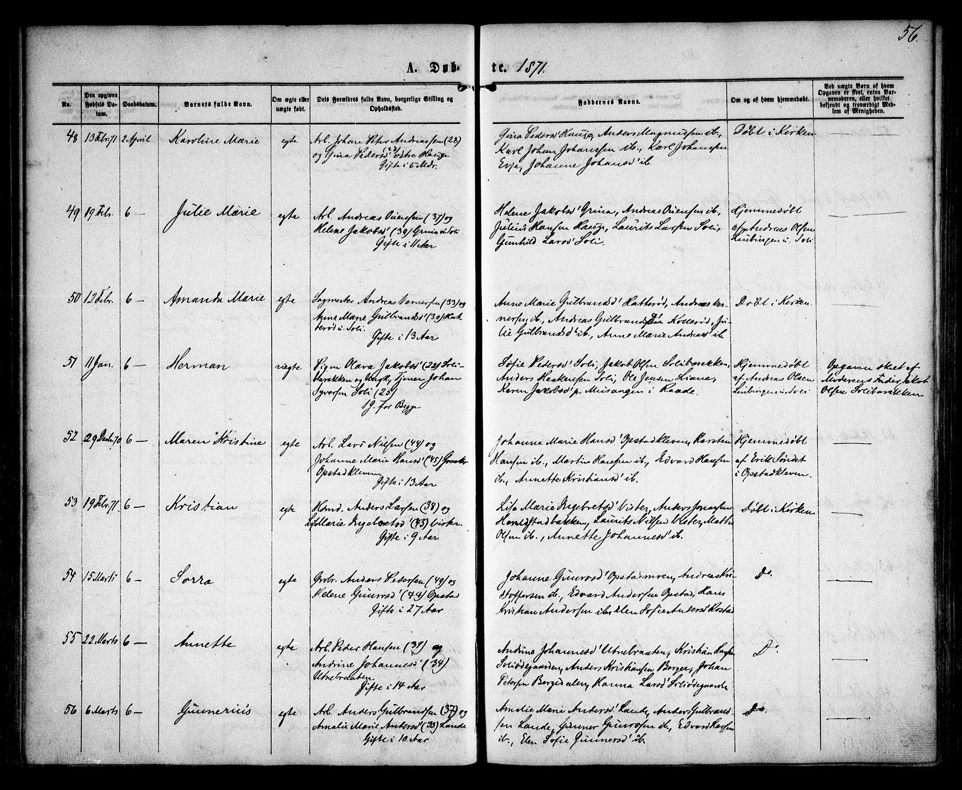 Tune prestekontor Kirkebøker, AV/SAO-A-2007/F/Fa/L0015: Parish register (official) no. 15, 1869-1873, p. 56