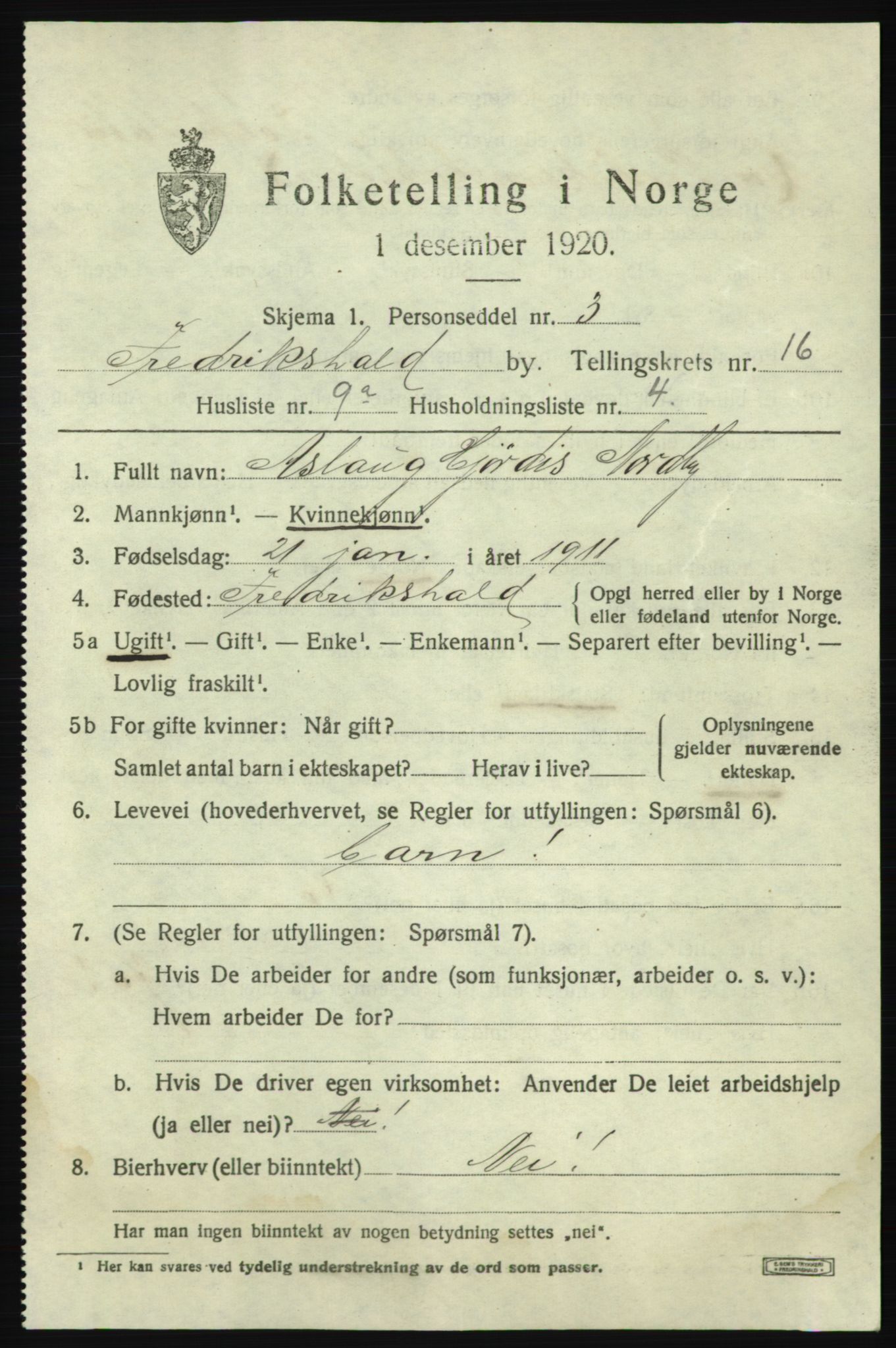 SAO, 1920 census for Fredrikshald, 1920, p. 25091