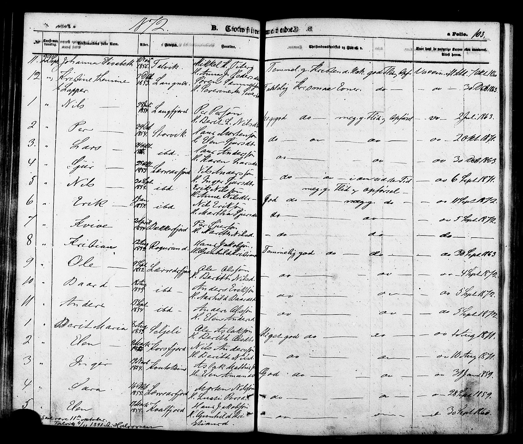 Talvik sokneprestkontor, SATØ/S-1337/H/Ha/L0011kirke: Parish register (official) no. 11, 1864-1877, p. 103