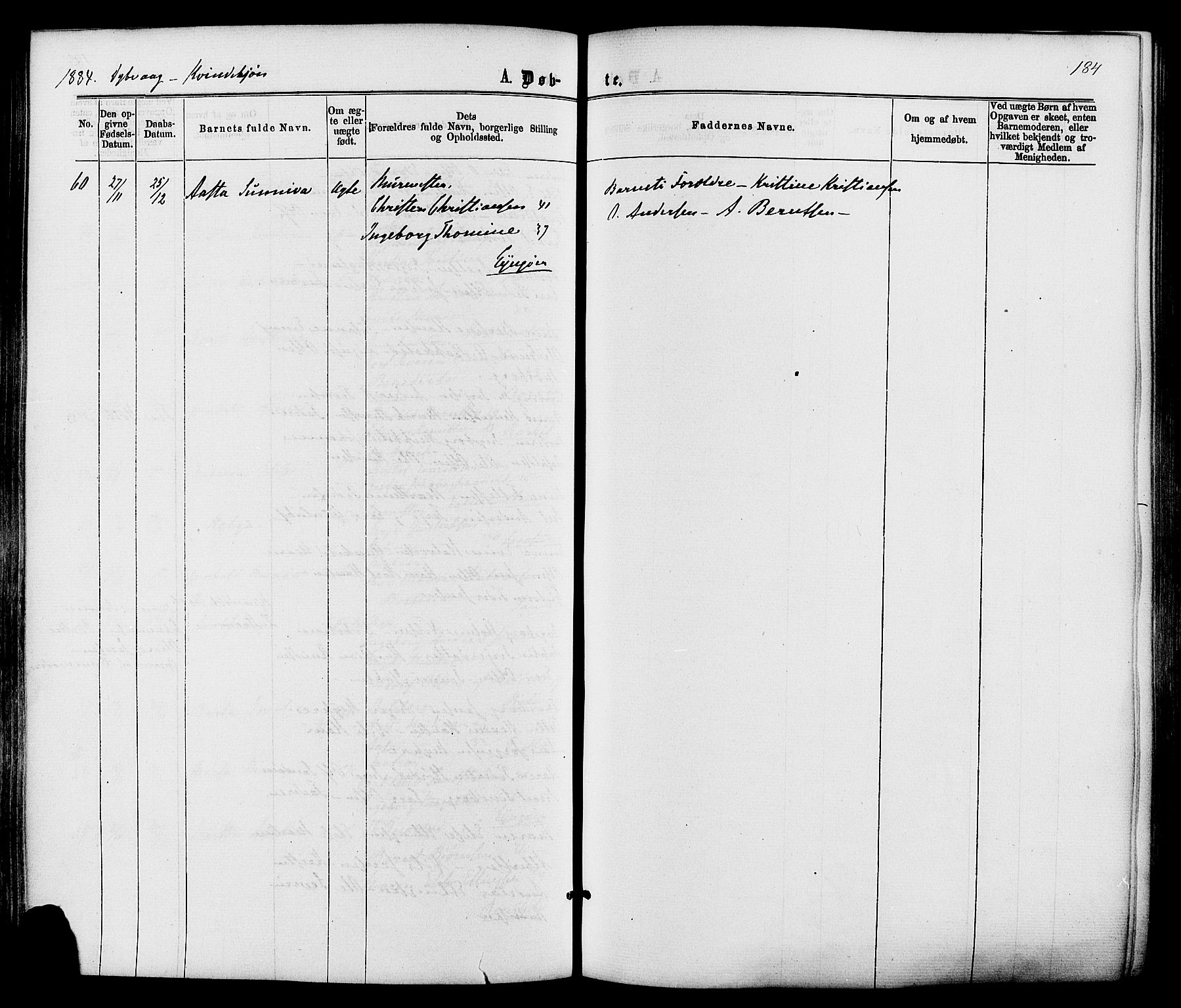 Dypvåg sokneprestkontor, AV/SAK-1111-0007/F/Fa/Faa/L0007: Parish register (official) no. A 7/ 1, 1872-1884, p. 184