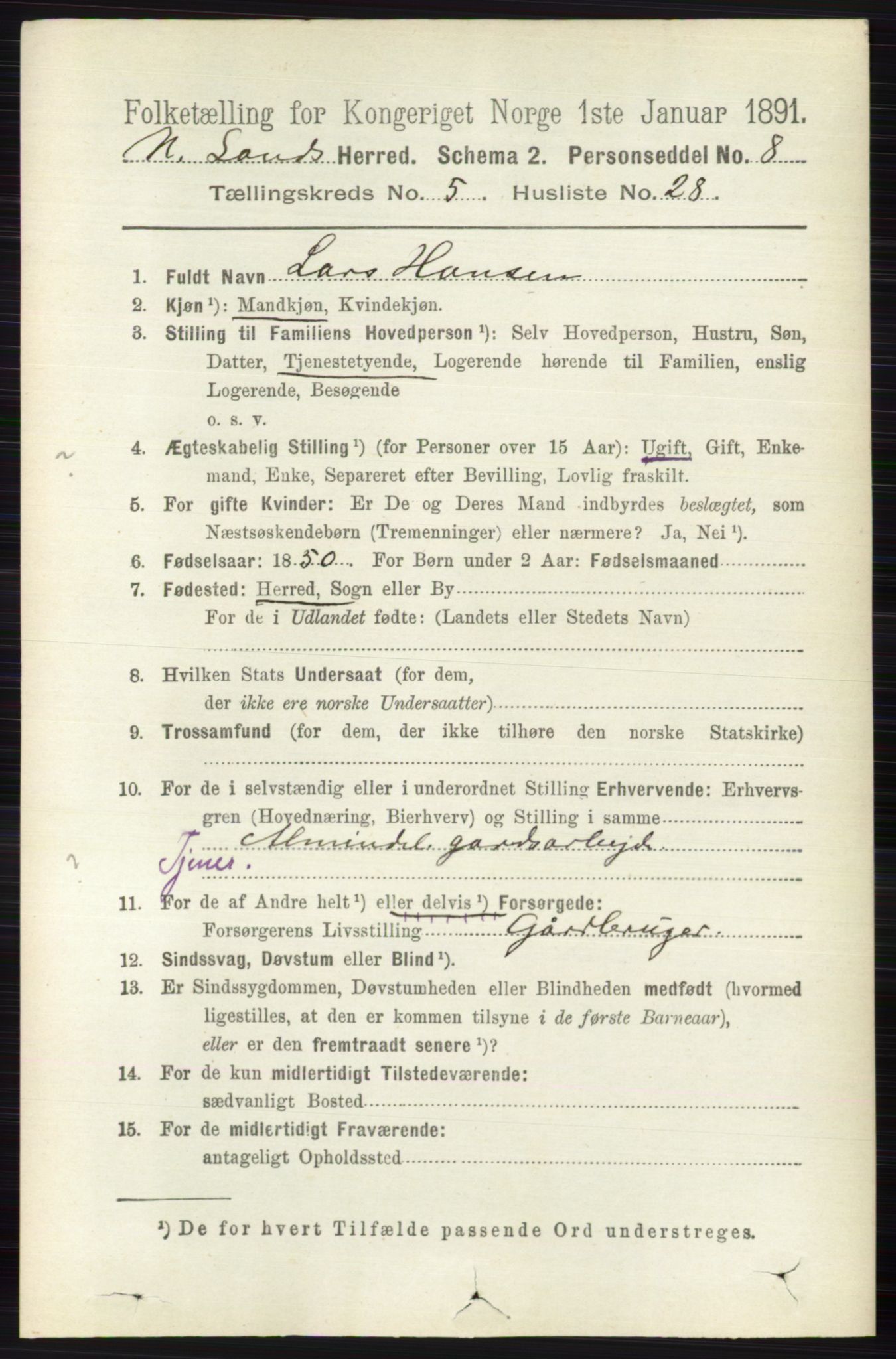 RA, 1891 census for 0538 Nordre Land, 1891, p. 1714