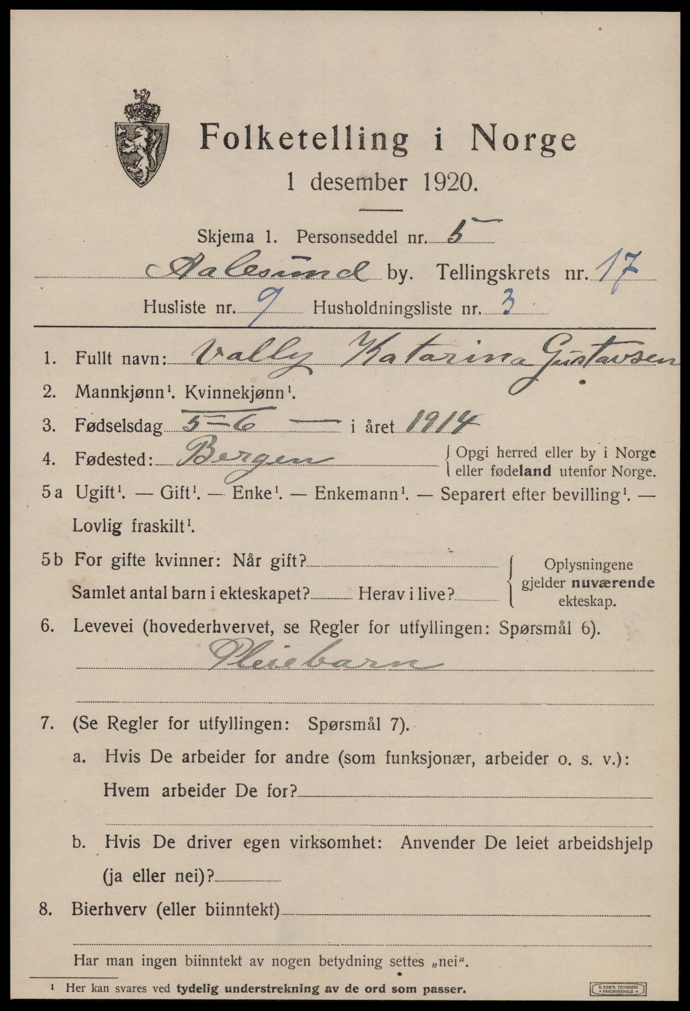 SAT, 1920 census for Ålesund, 1920, p. 33508