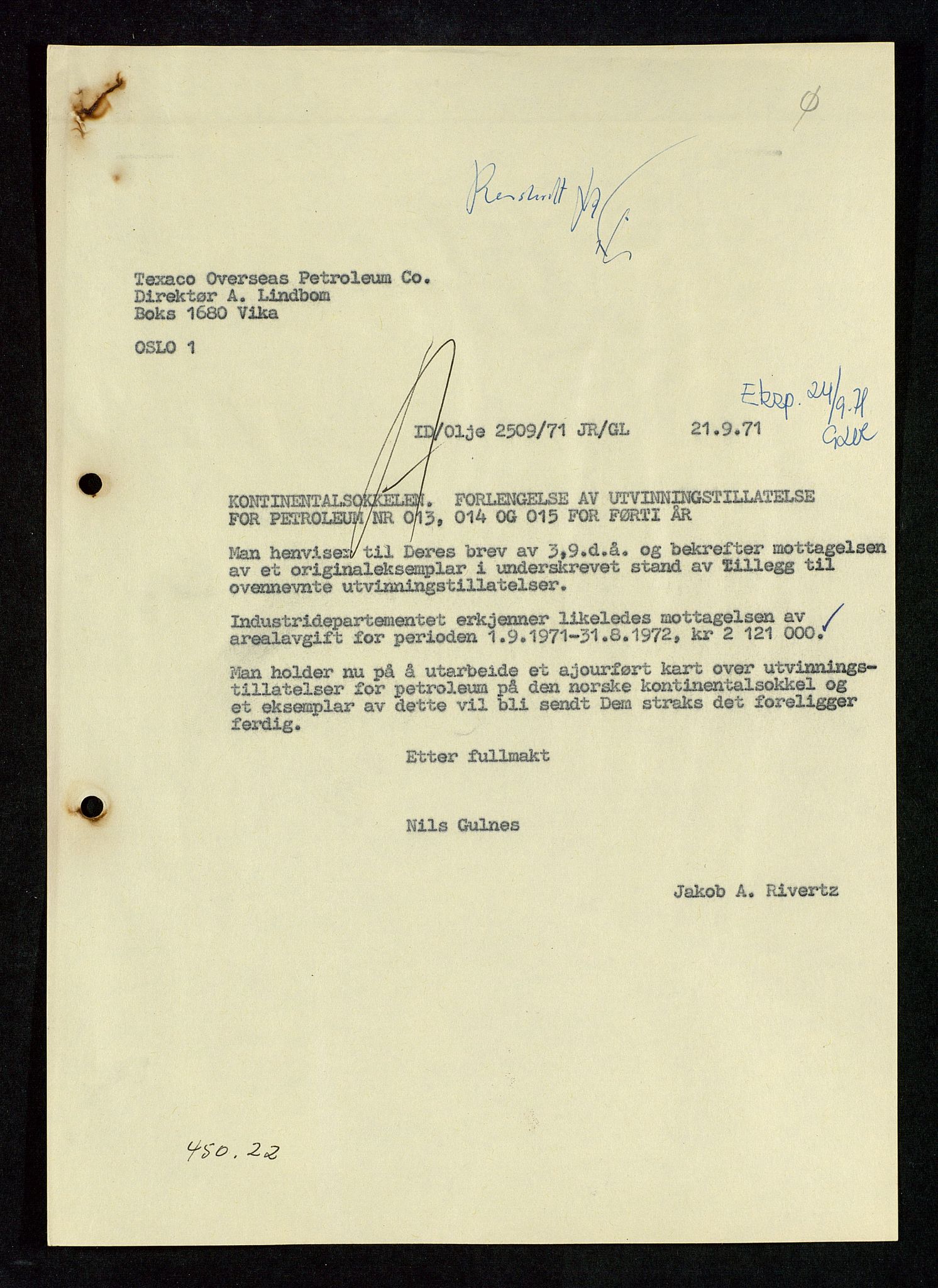 Industridepartementet, Oljekontoret, AV/SAST-A-101348/Da/L0004: Arkivnøkkel 711 - 712 Utvinningstillatelser, 1970-1971, p. 102