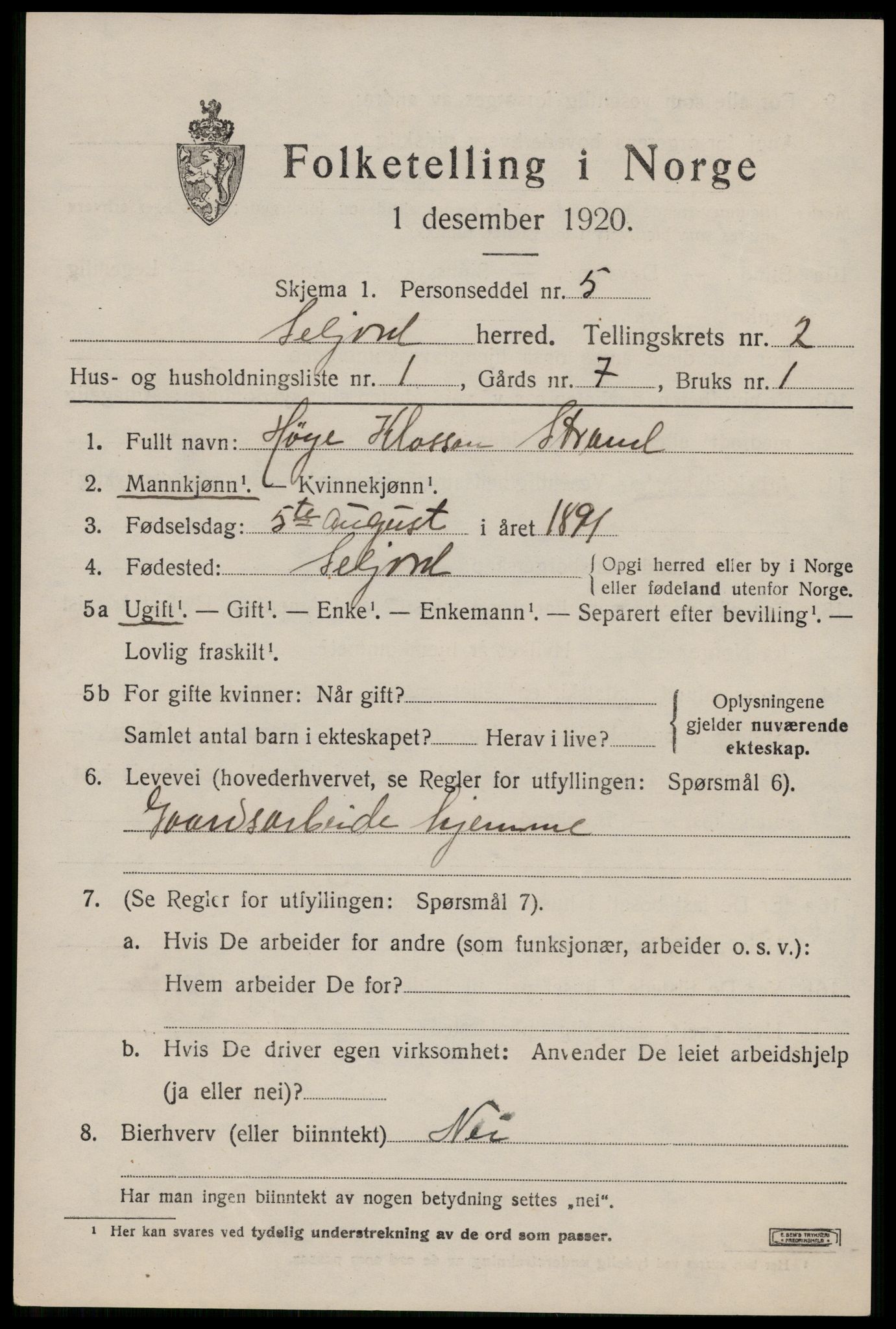 SAKO, 1920 census for Seljord, 1920, p. 1524