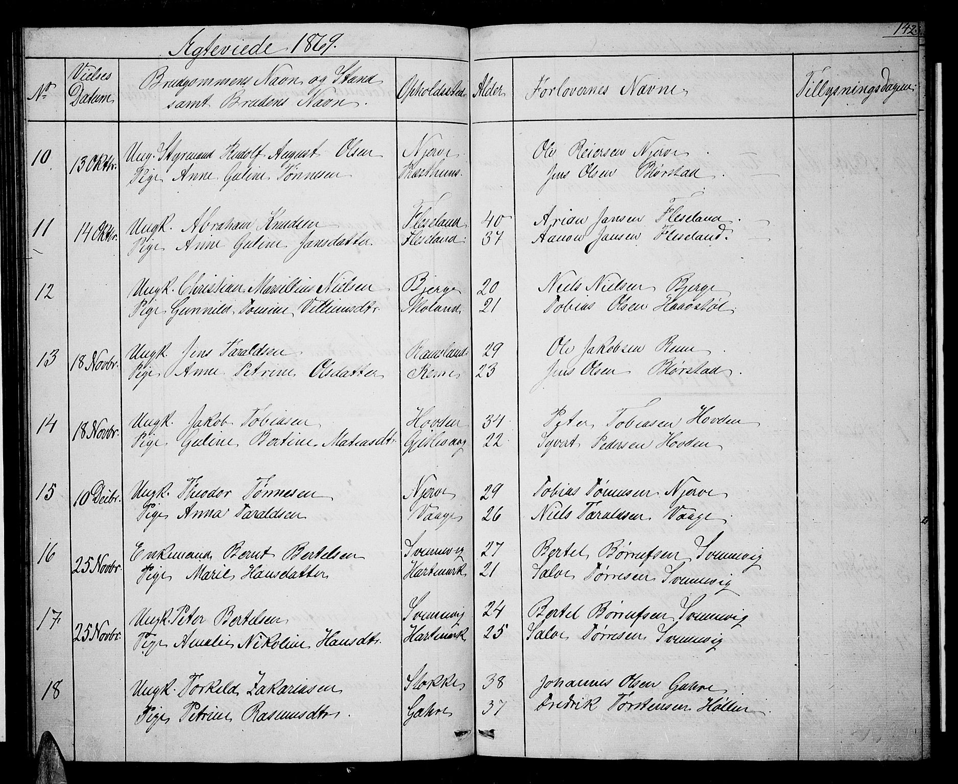 Sør-Audnedal sokneprestkontor, SAK/1111-0039/F/Fb/Fba/L0002: Parish register (copy) no. B 2, 1853-1878, p. 142