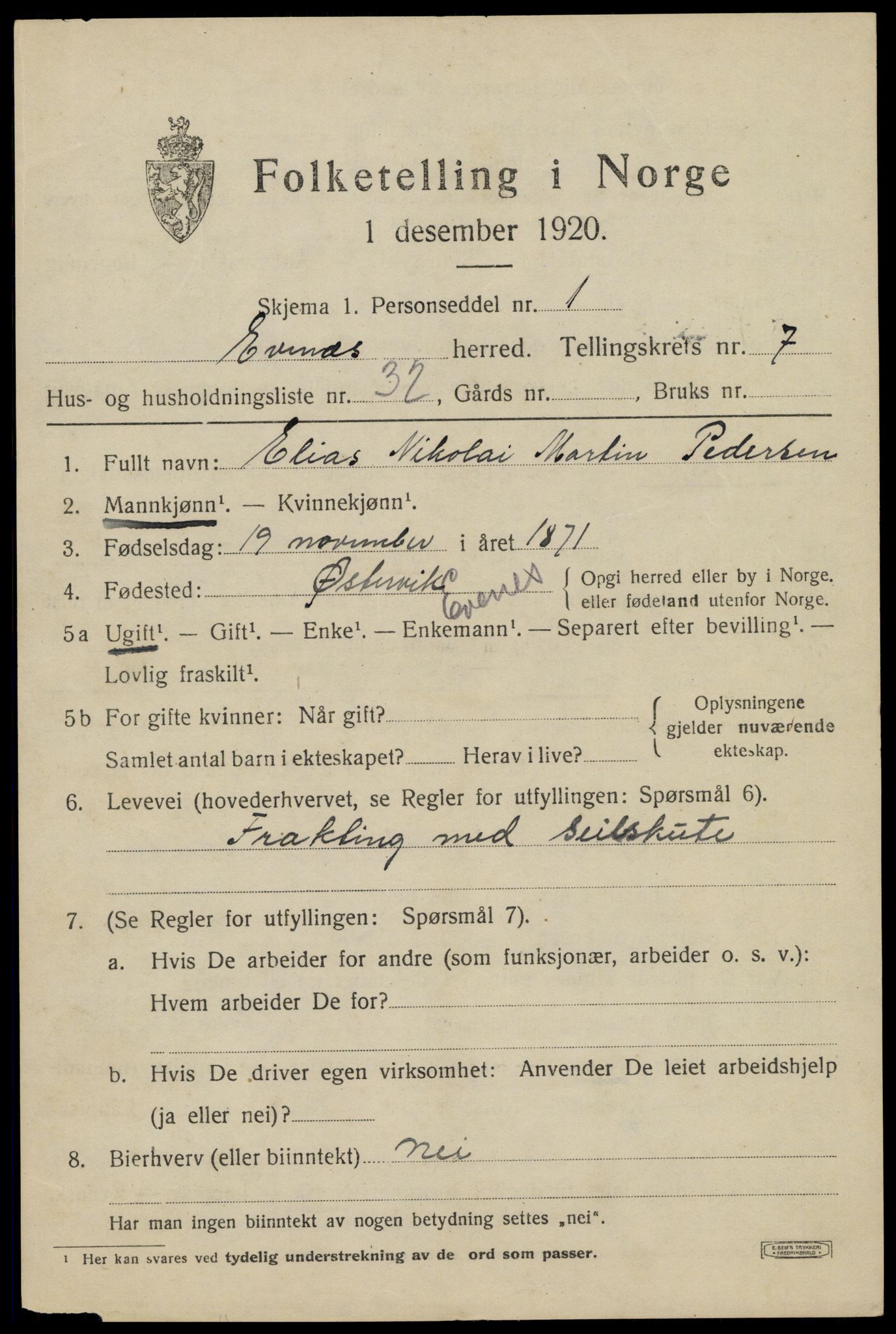 SAT, 1920 census for Evenes, 1920, p. 6528