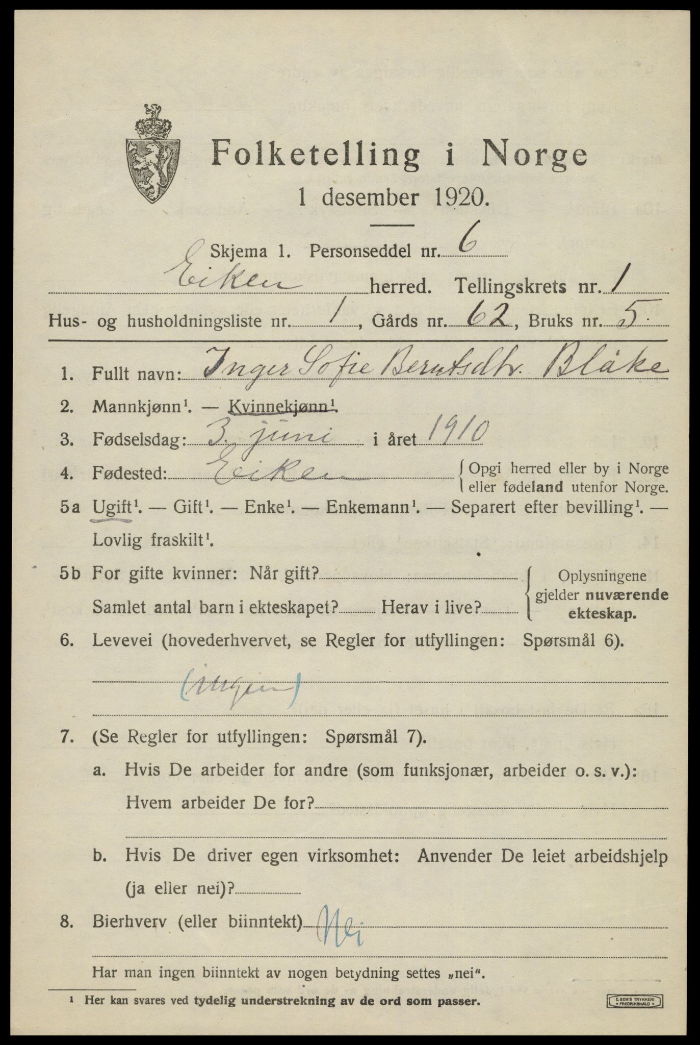 SAK, 1920 census for Eiken, 1920, p. 443