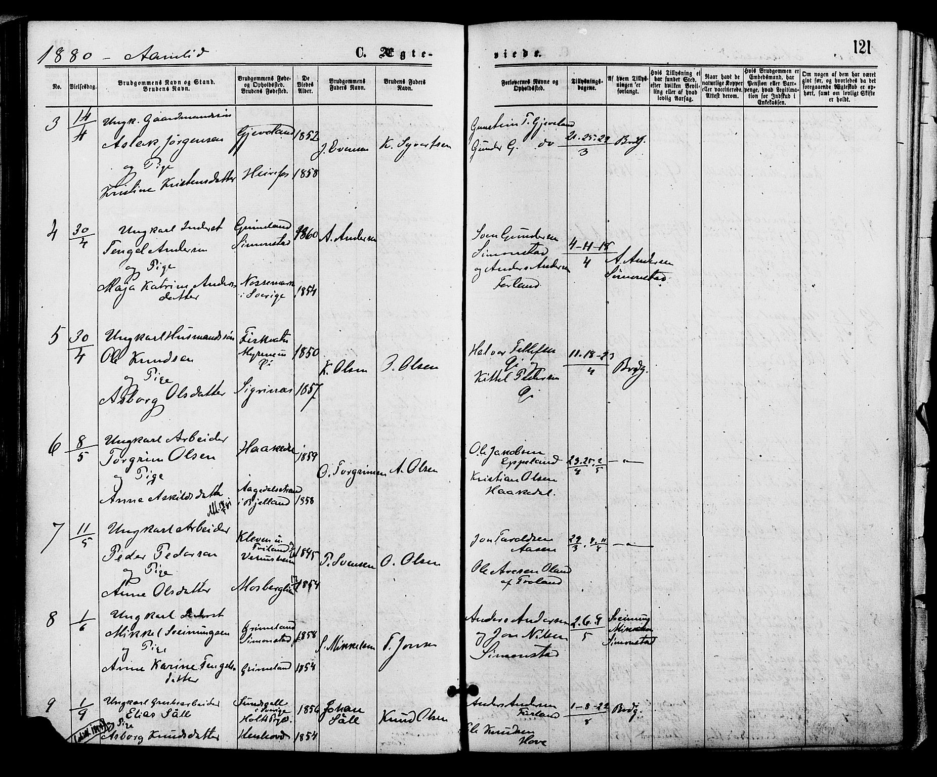 Åmli sokneprestkontor, AV/SAK-1111-0050/F/Fa/Fac/L0009: Parish register (official) no. A 9 /1, 1869-1884, p. 121