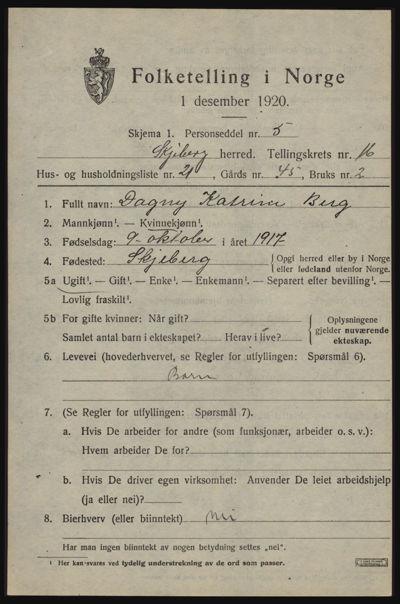 SAO, 1920 census for Skjeberg, 1920, p. 15077