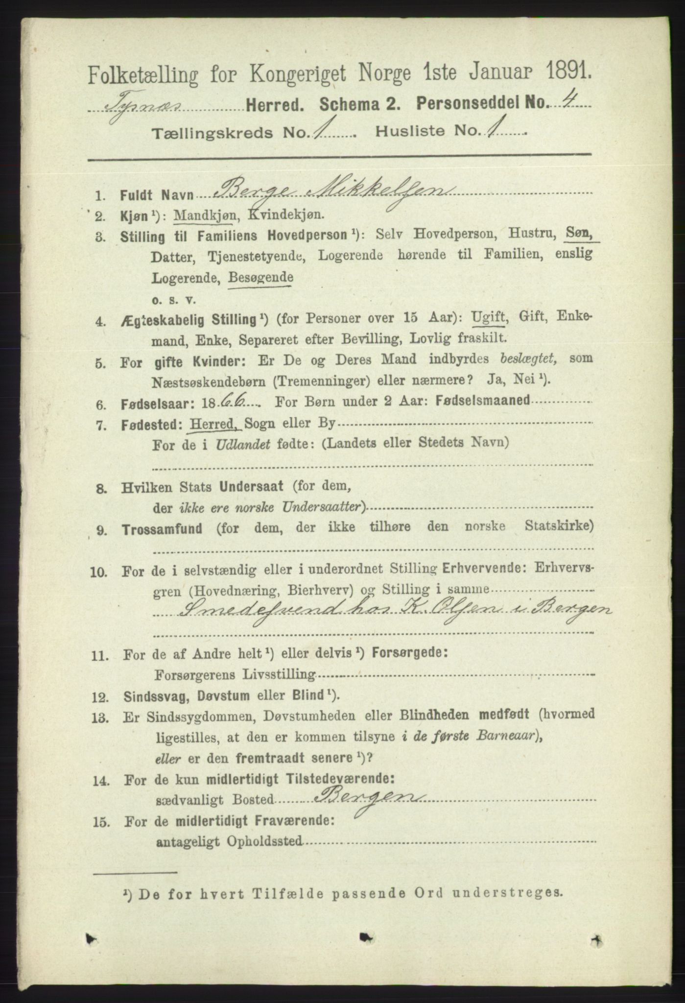 RA, 1891 census for 1223 Tysnes, 1891, p. 91