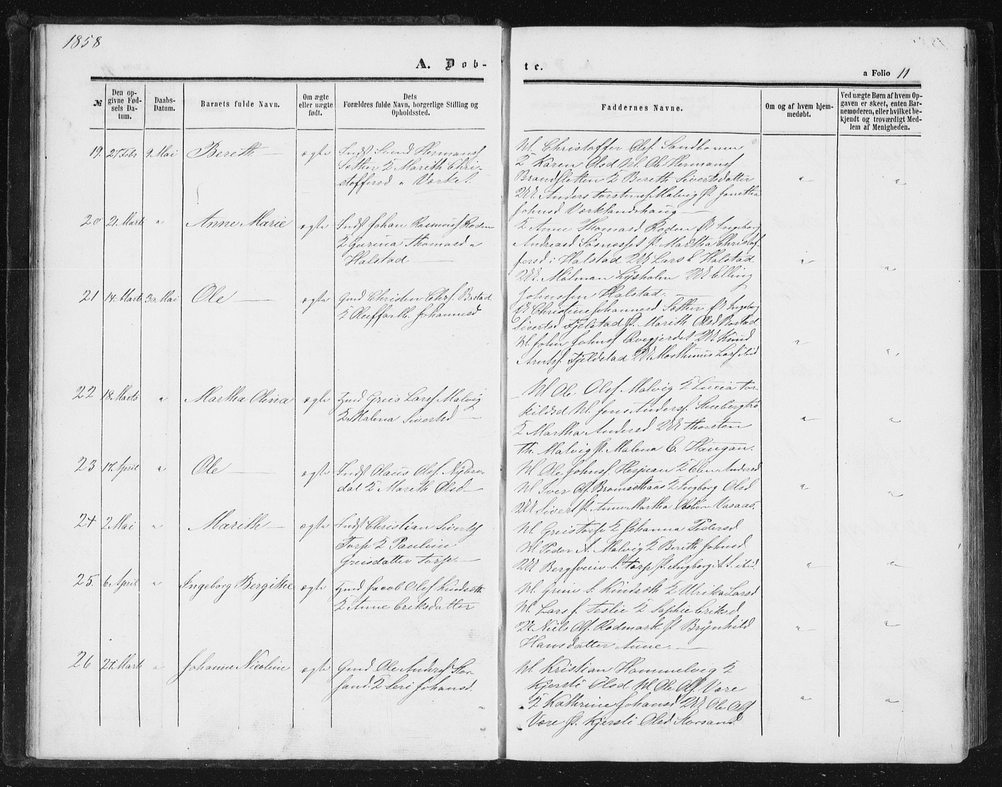 Ministerialprotokoller, klokkerbøker og fødselsregistre - Sør-Trøndelag, AV/SAT-A-1456/616/L0408: Parish register (official) no. 616A05, 1857-1865, p. 11