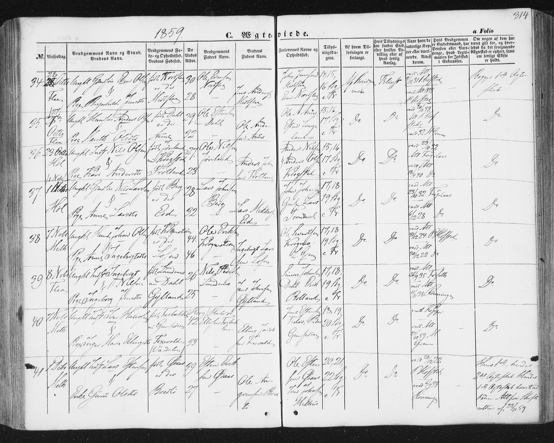 Ministerialprotokoller, klokkerbøker og fødselsregistre - Sør-Trøndelag, SAT/A-1456/691/L1076: Parish register (official) no. 691A08, 1852-1861, p. 314
