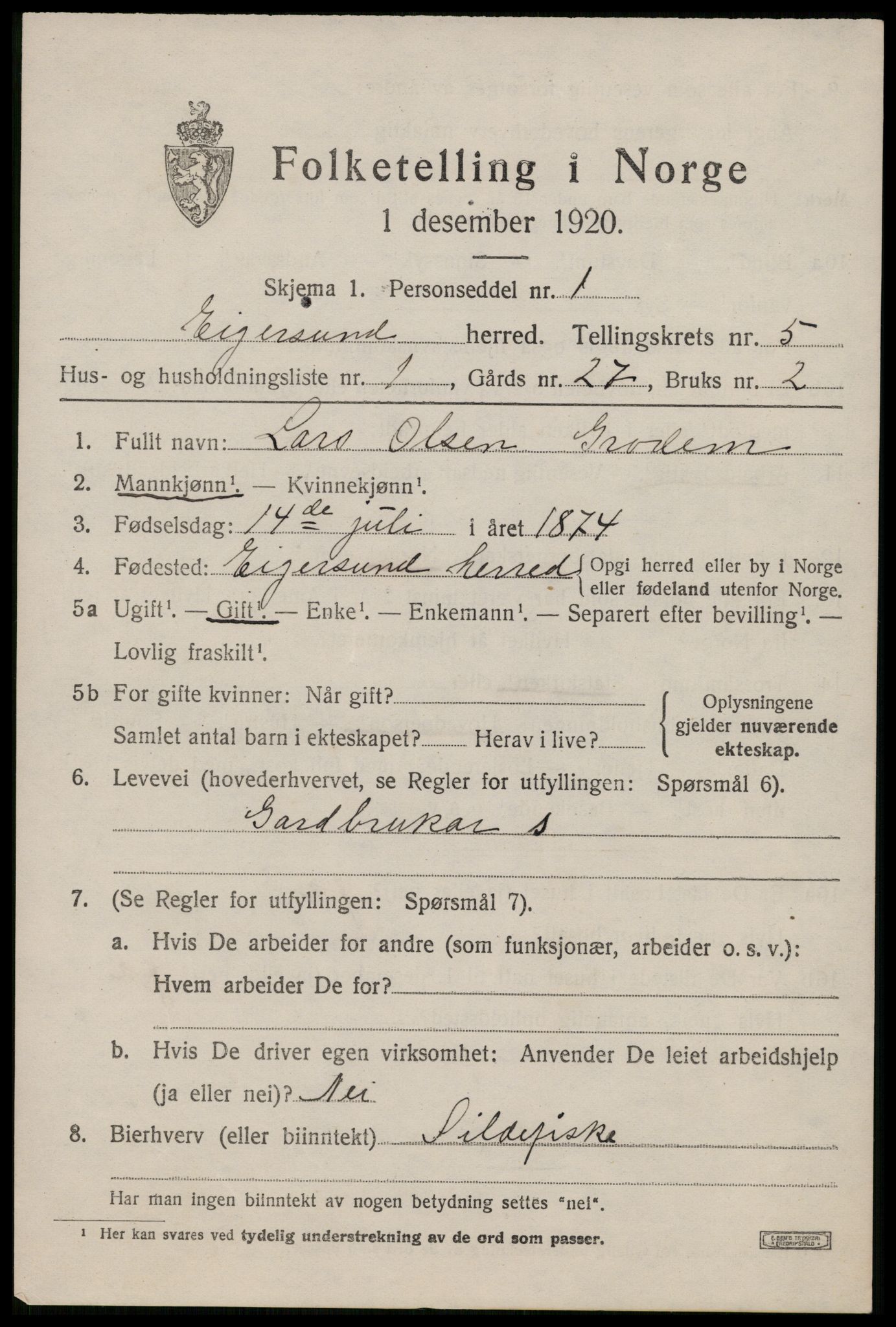 SAST, 1920 census for Eigersund, 1920, p. 3597