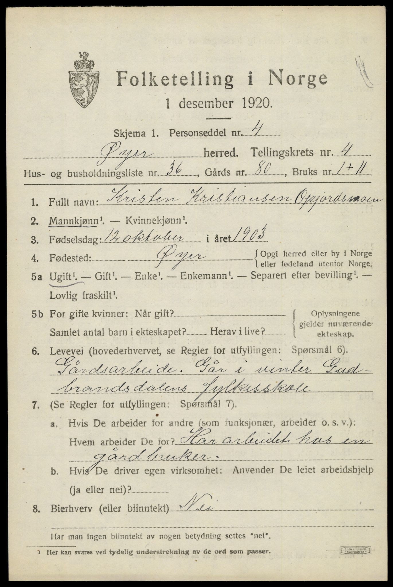 SAH, 1920 census for Øyer, 1920, p. 4267