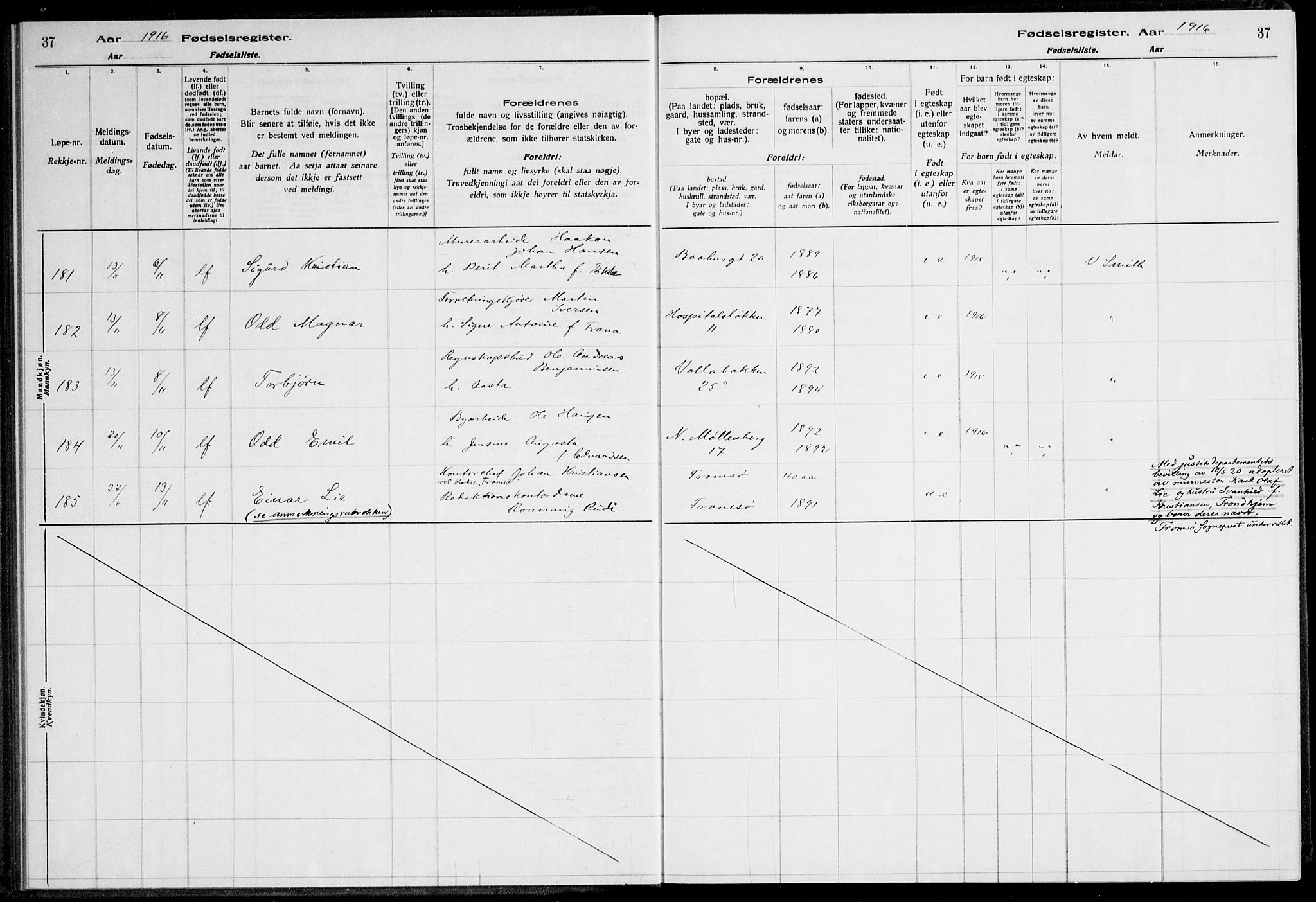 Ministerialprotokoller, klokkerbøker og fødselsregistre - Sør-Trøndelag, AV/SAT-A-1456/600/L0002: Birth register no. 600.II.4.1, 1916-1920, p. 37