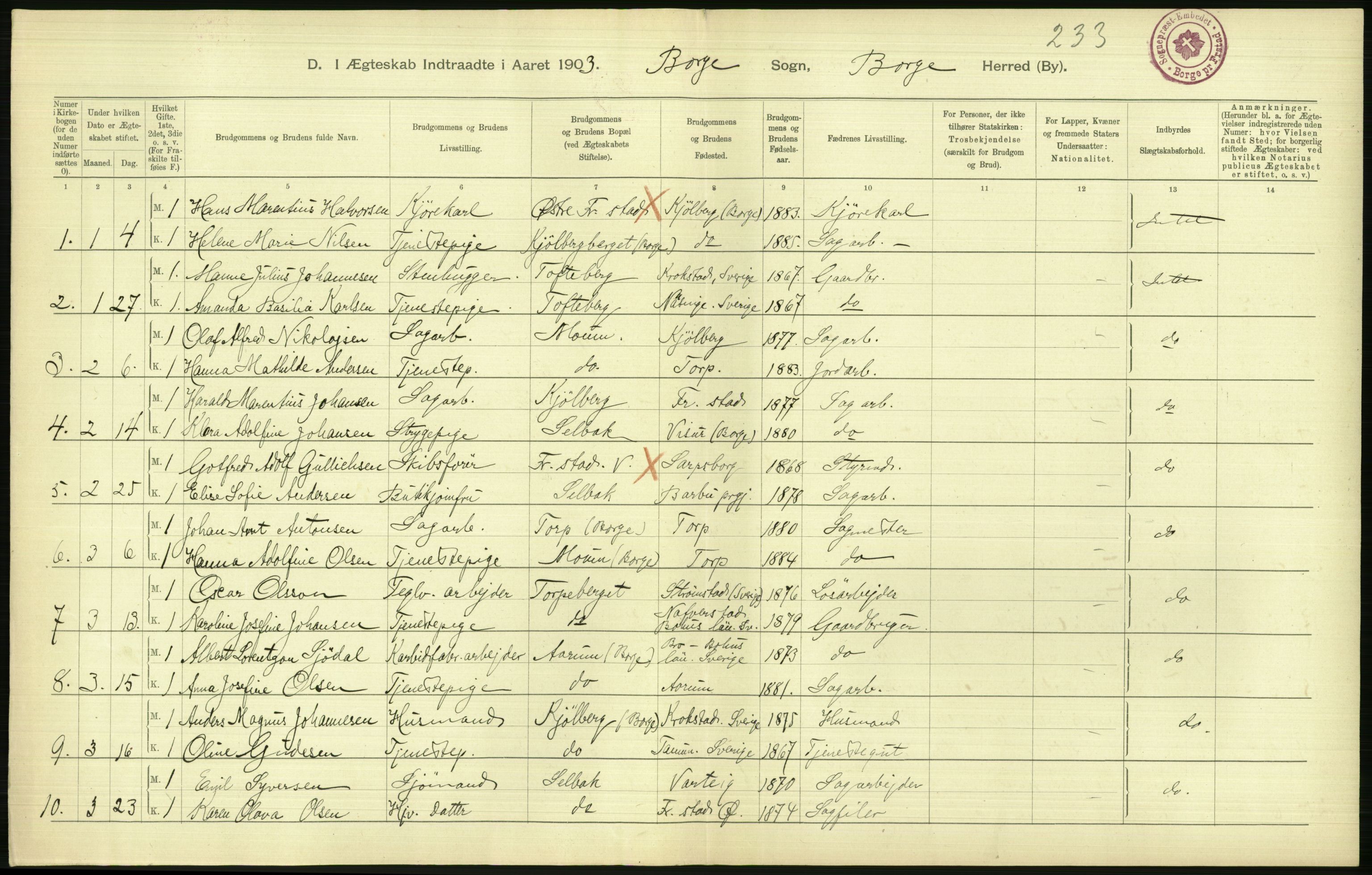 Statistisk sentralbyrå, Sosiodemografiske emner, Befolkning, AV/RA-S-2228/D/Df/Dfa/Dfaa/L0001: Smålenenes amt: Fødte, gifte, døde, 1903, p. 596