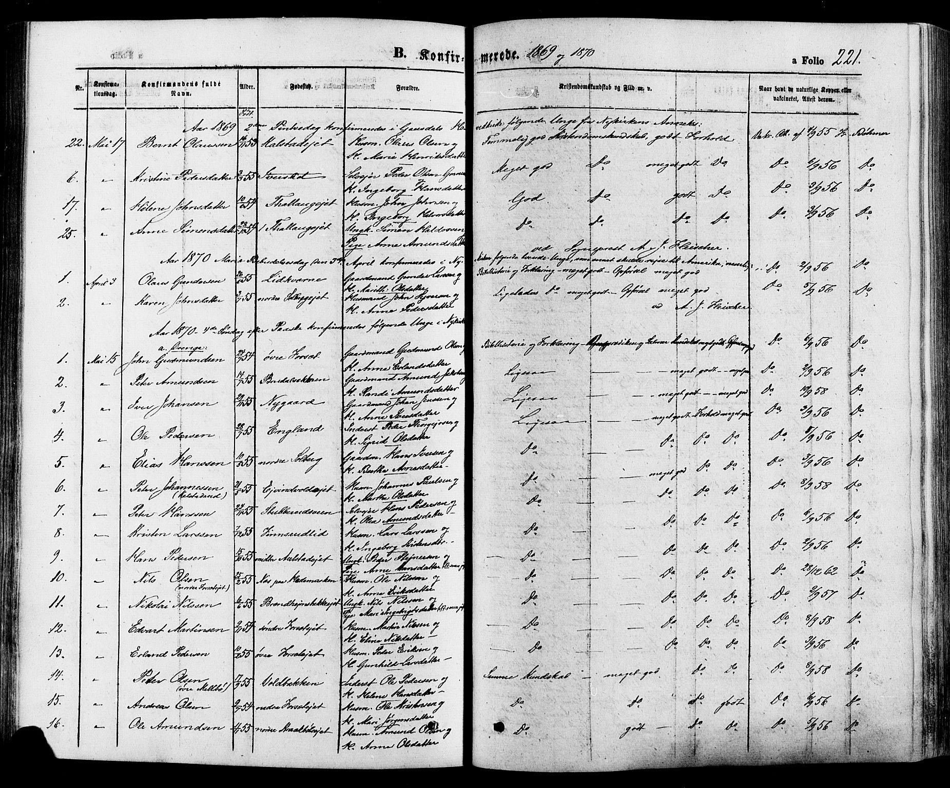 Gausdal prestekontor, SAH/PREST-090/H/Ha/Haa/L0010: Parish register (official) no. 10, 1867-1886, p. 221