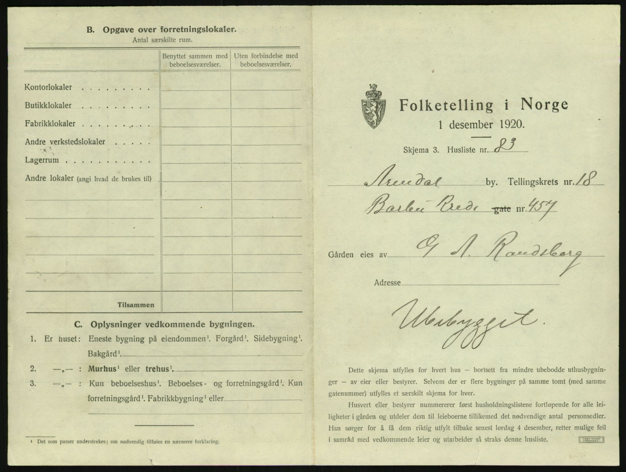 SAK, 1920 census for Arendal, 1920, p. 2906