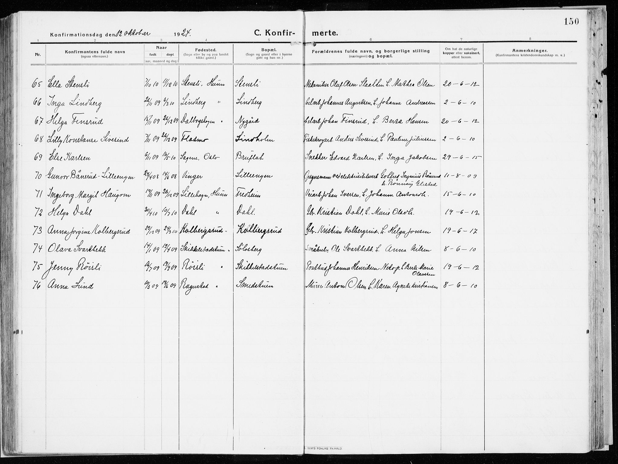 Vardal prestekontor, AV/SAH-PREST-100/H/Ha/Haa/L0017: Parish register (official) no. 17, 1915-1929, p. 150