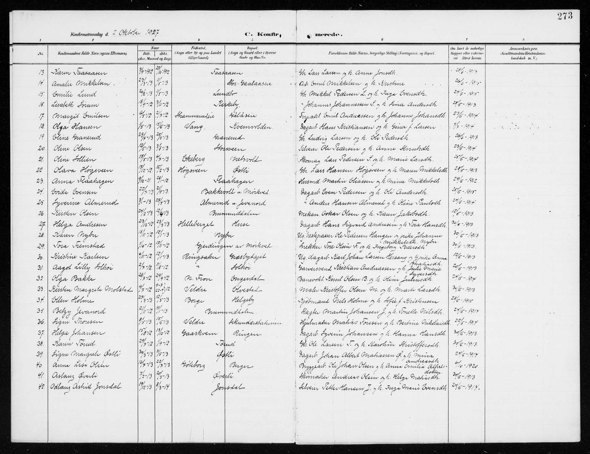 Furnes prestekontor, SAH/PREST-012/K/Ka/L0001: Parish register (official) no. 1, 1907-1935, p. 273