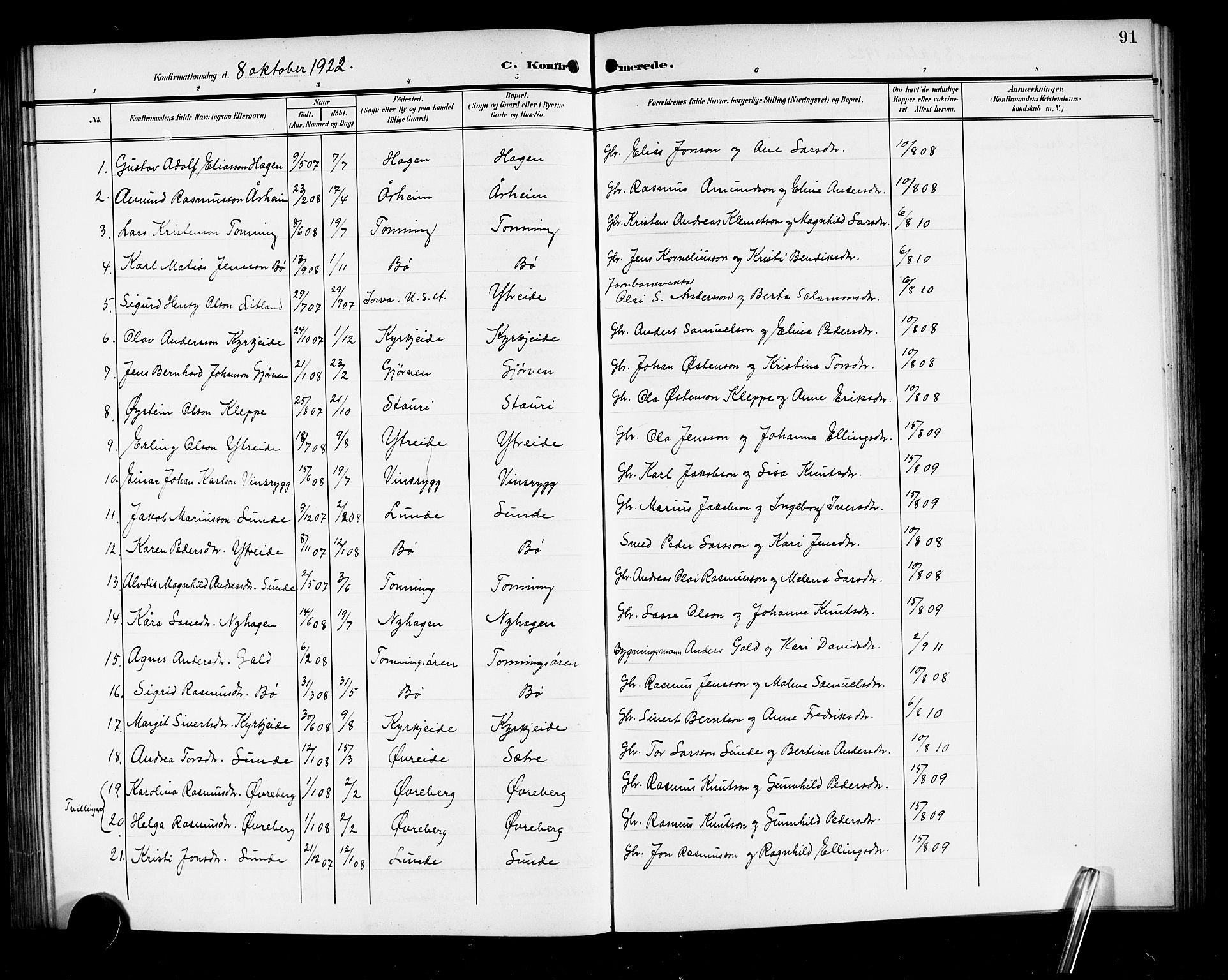 Stryn Sokneprestembete, SAB/A-82501: Parish register (copy) no. A 3, 1906-1924, p. 91