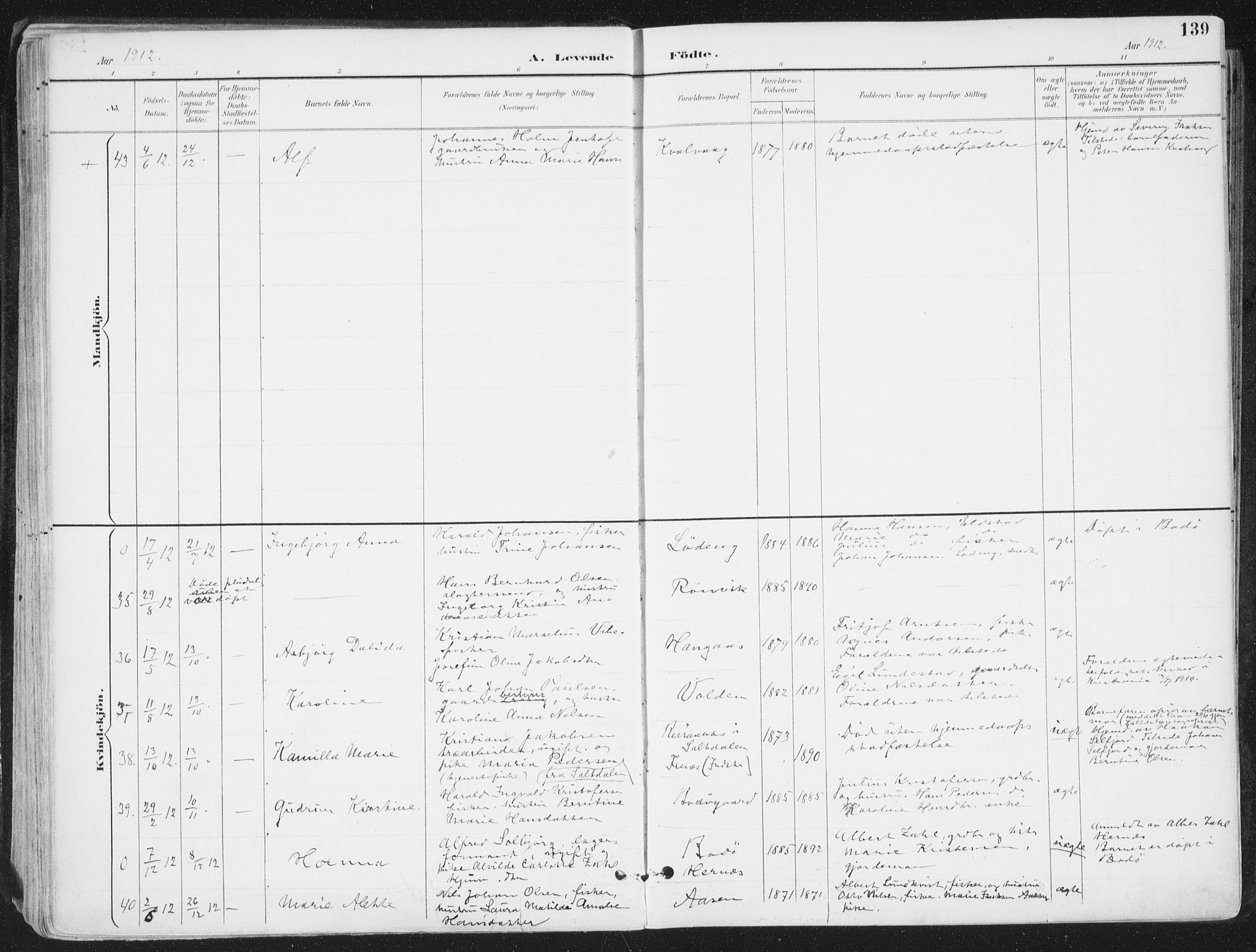 Ministerialprotokoller, klokkerbøker og fødselsregistre - Nordland, SAT/A-1459/802/L0055: Parish register (official) no. 802A02, 1894-1915, p. 139