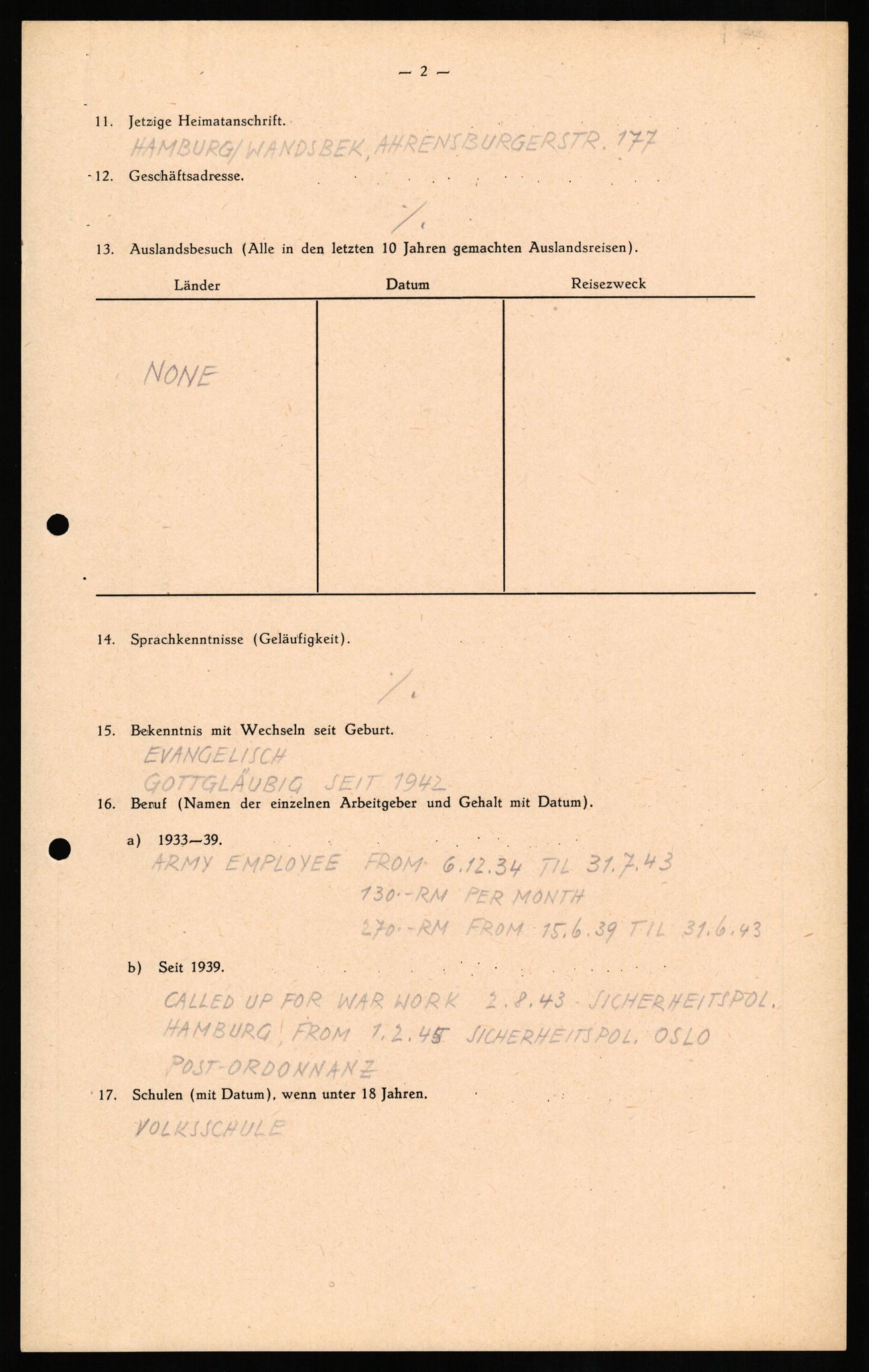 Forsvaret, Forsvarets overkommando II, AV/RA-RAFA-3915/D/Db/L0017: CI Questionaires. Tyske okkupasjonsstyrker i Norge. Tyskere., 1945-1946, p. 31