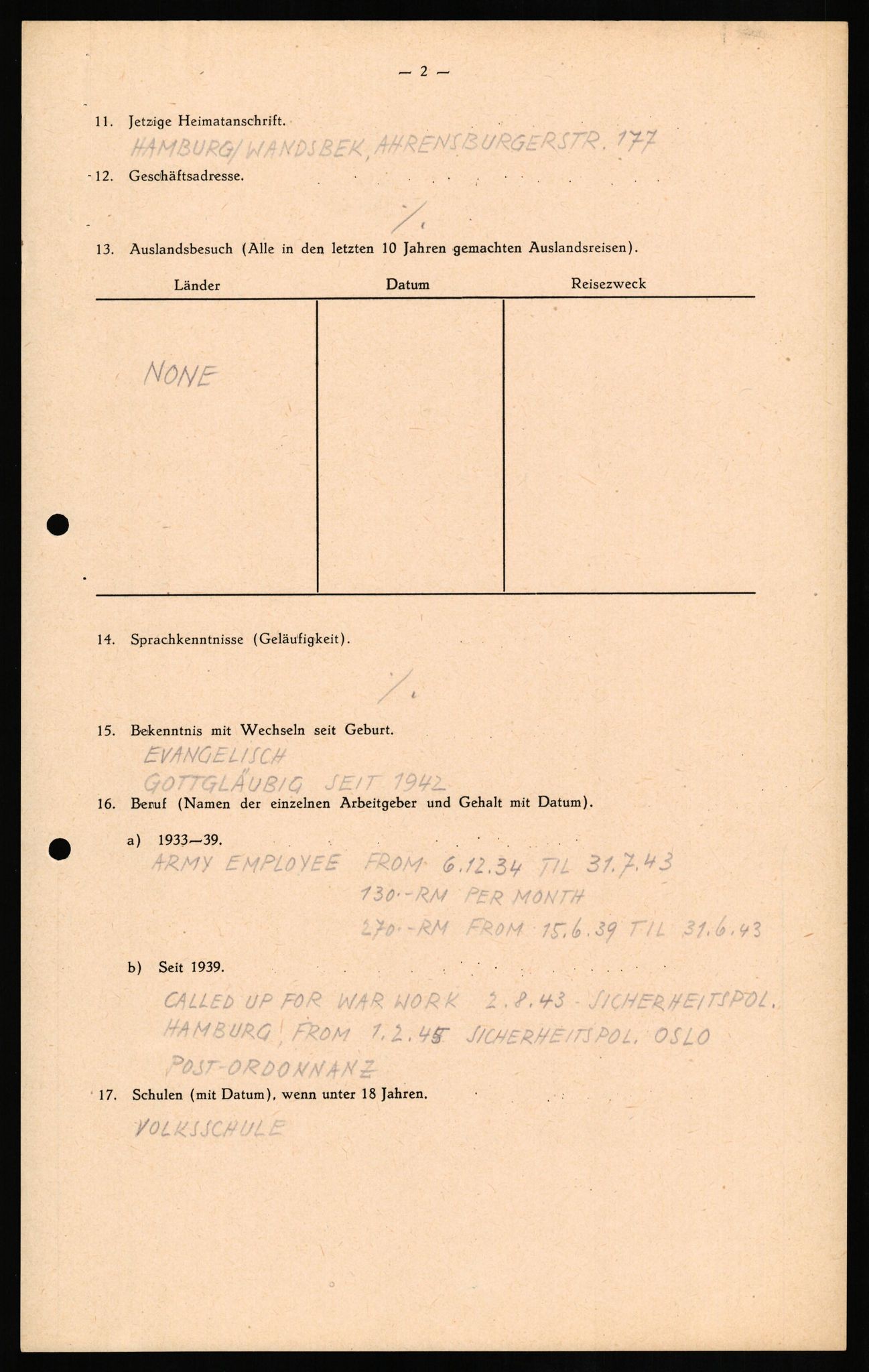 Forsvaret, Forsvarets overkommando II, AV/RA-RAFA-3915/D/Db/L0017: CI Questionaires. Tyske okkupasjonsstyrker i Norge. Tyskere., 1945-1946, p. 31