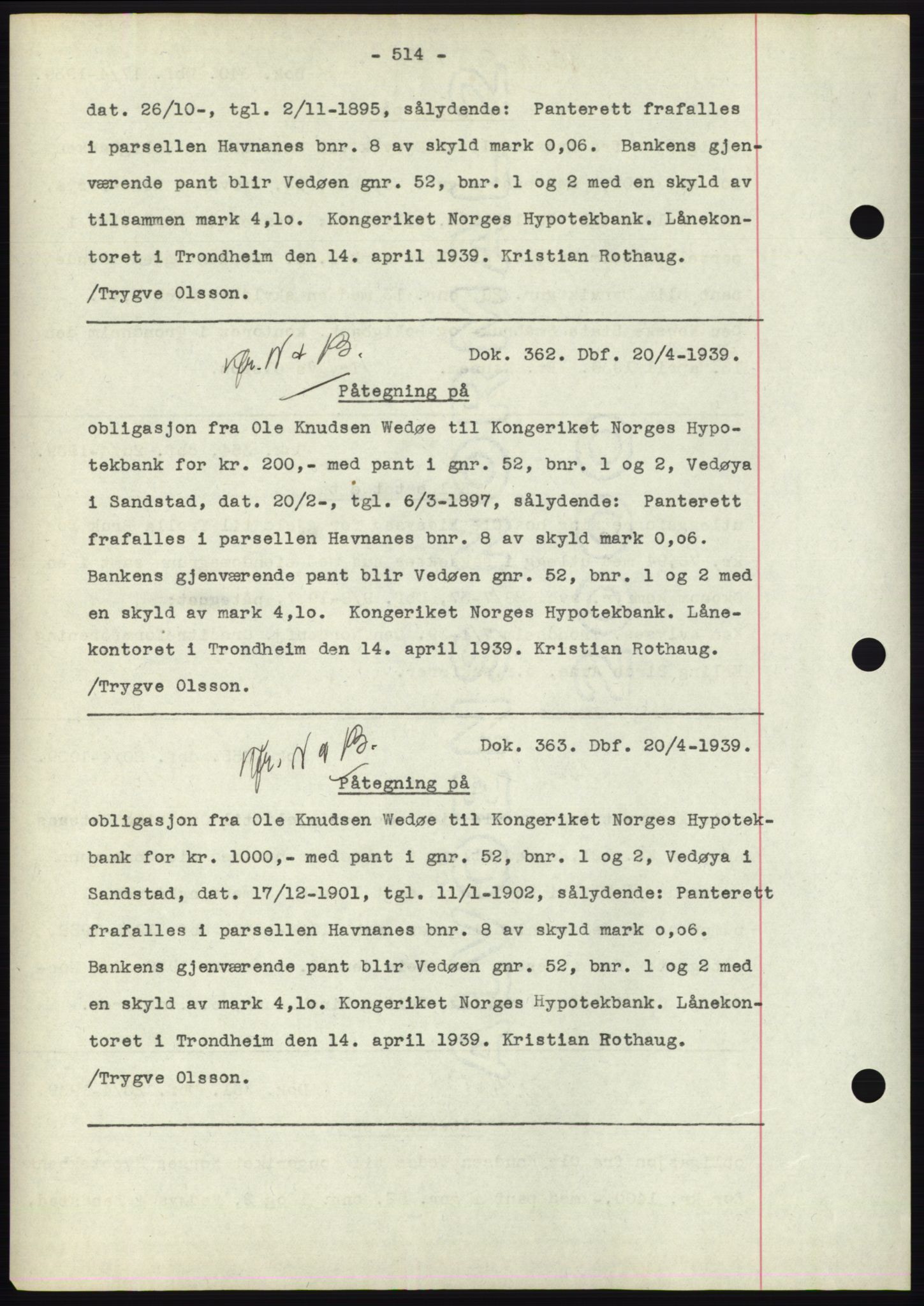 Hitra sorenskriveri, AV/SAT-A-0018/2/2C/2Ca: Mortgage book no. C1, 1936-1945, Diary no: : 362/1939