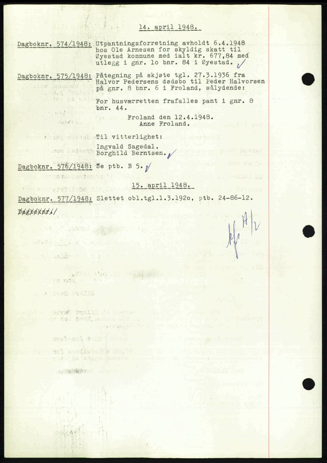 Nedenes sorenskriveri, SAK/1221-0006/G/Gb/Gba/L0059: Mortgage book no. A11, 1948-1948, Diary no: : 574/1948