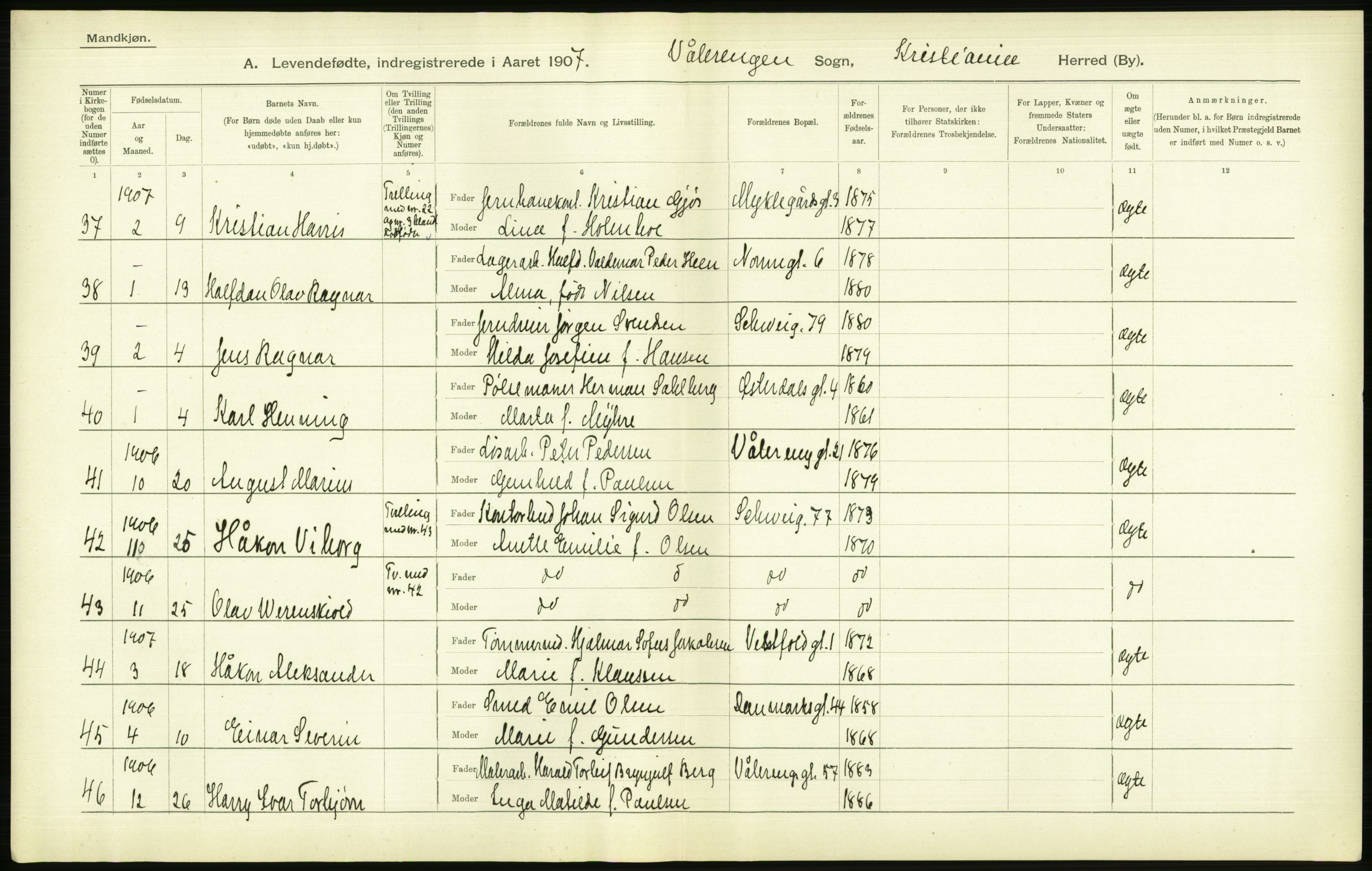 Statistisk sentralbyrå, Sosiodemografiske emner, Befolkning, AV/RA-S-2228/D/Df/Dfa/Dfae/L0007: Kristiania: Levendefødte menn og kvinner., 1907, p. 610